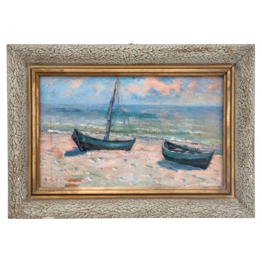 Das Gemälde „Boats on the shore“, Skandinavien, Anfang XX. Jahrhundert