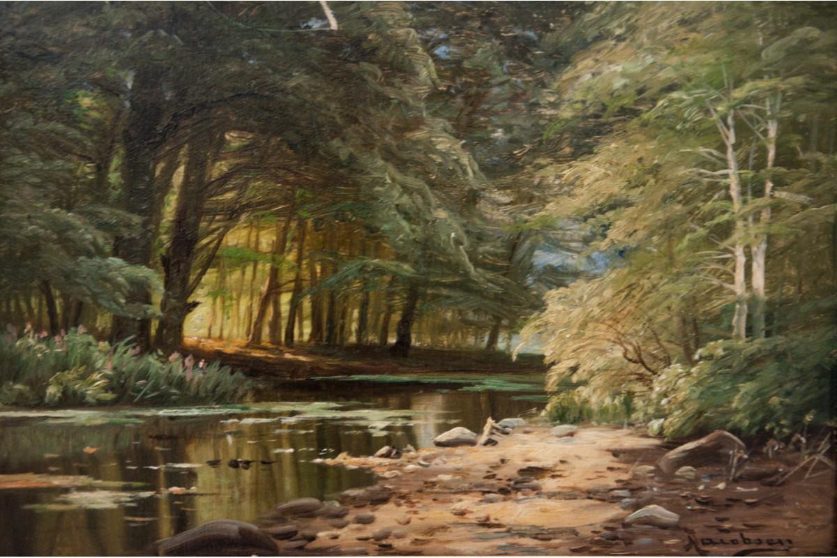 Le tableau « Paysage forestier » réf. August Jacobsen, huile sur toile. Bon état - En vente à Chorzów, PL