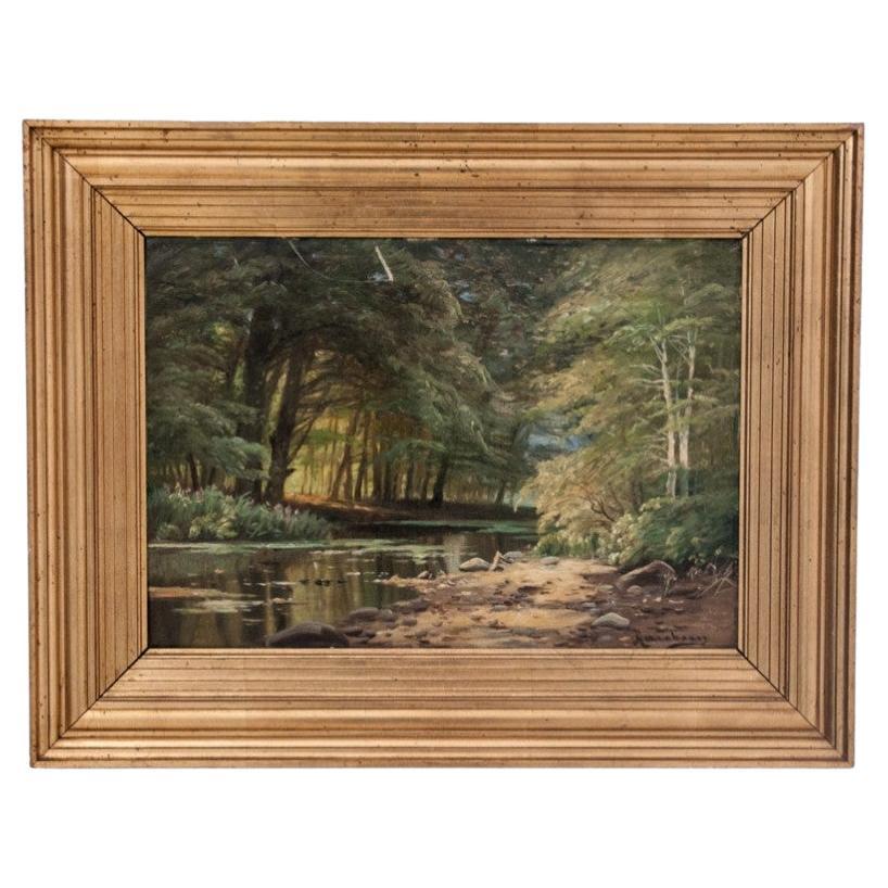 Il dipinto "Paesaggio forestale" rif. August Jacobsen, olio su tela.
