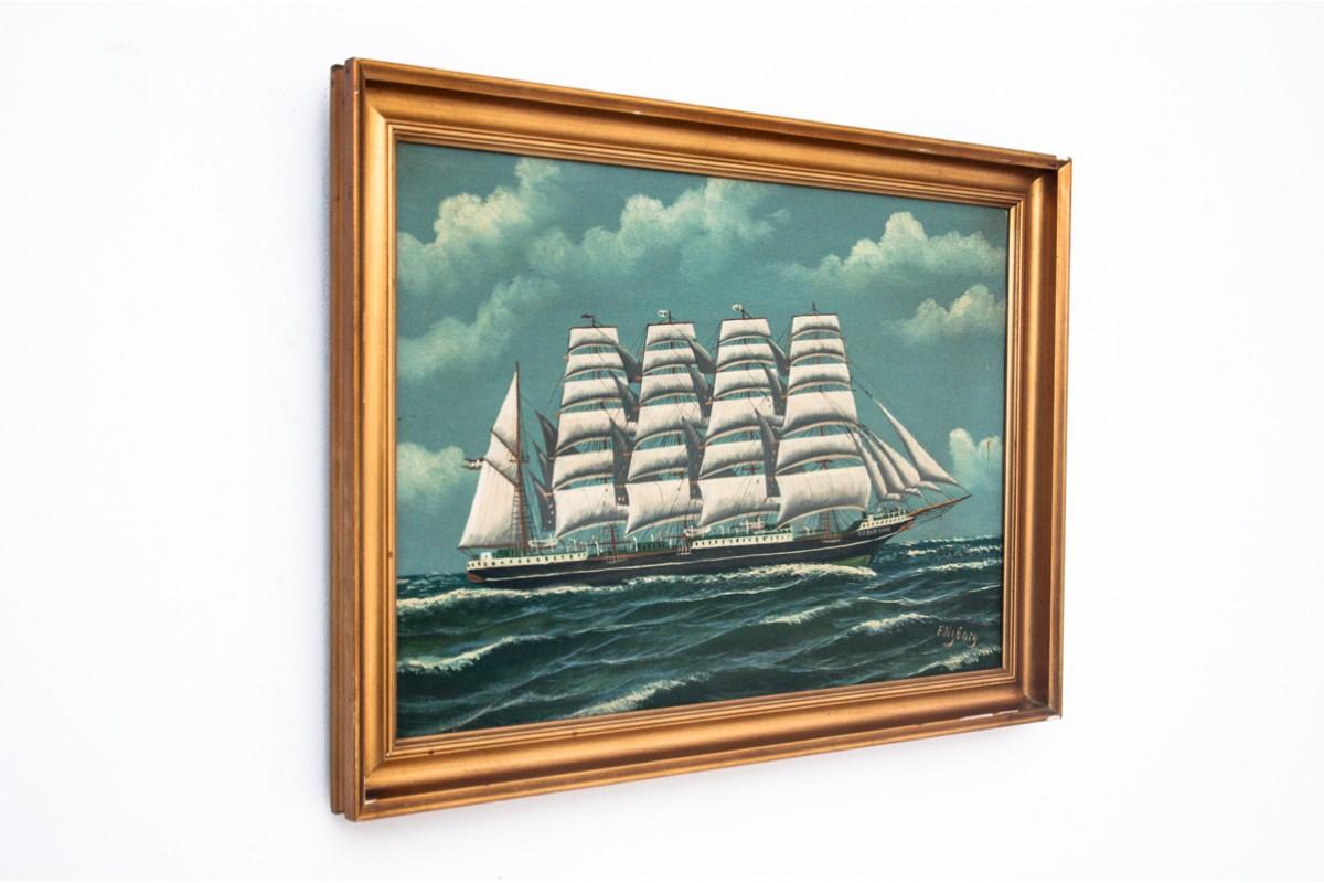 Painting of sailing ship 
Origin : Denmark, early XX century 
Paintor : signed F. Nyborg
Dimensions:
Frame: height 54 cm / width 74 cm
Image: height 44 cm / width 64 cm