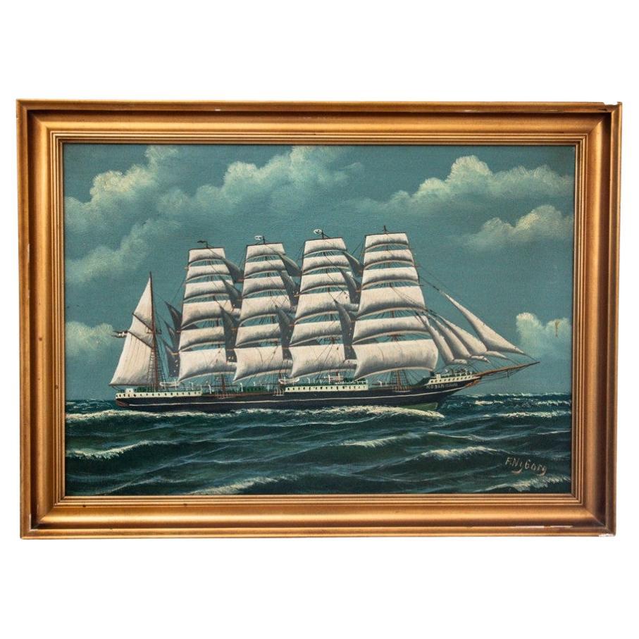 Das Gemälde „Segelschiff“. F. Nyborg, Dänemark, Anfang XX. Jahrhundert