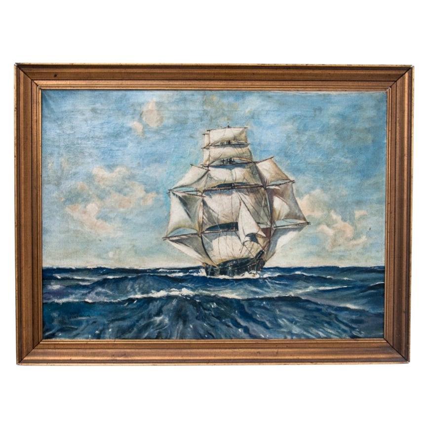 Das Gemälde „Segelschiff in der Hochsee“. Anfang XX. Jahrhundert