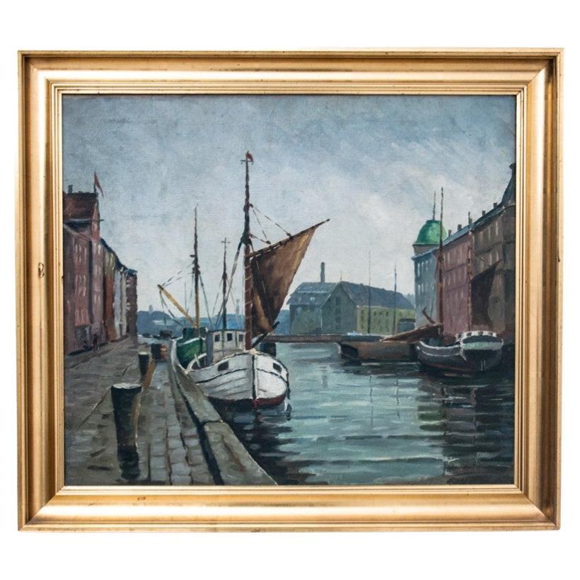 The painting "Ships in the port". Début du XXème siècle.