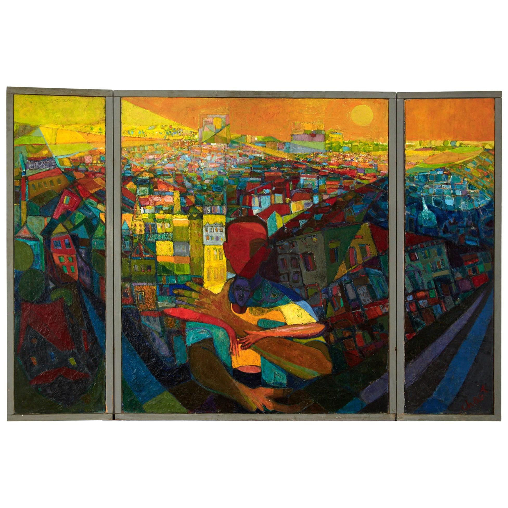 "The Panorama' Triptych on Canvas by Bernard Chaet Listed Artist