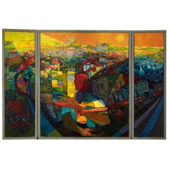 "The Panorama
Triptych on Canvas by Bernard Chaet Listed Artist "The Panorama
Triptych on Canvas by Bernard Chaet Listed Artist