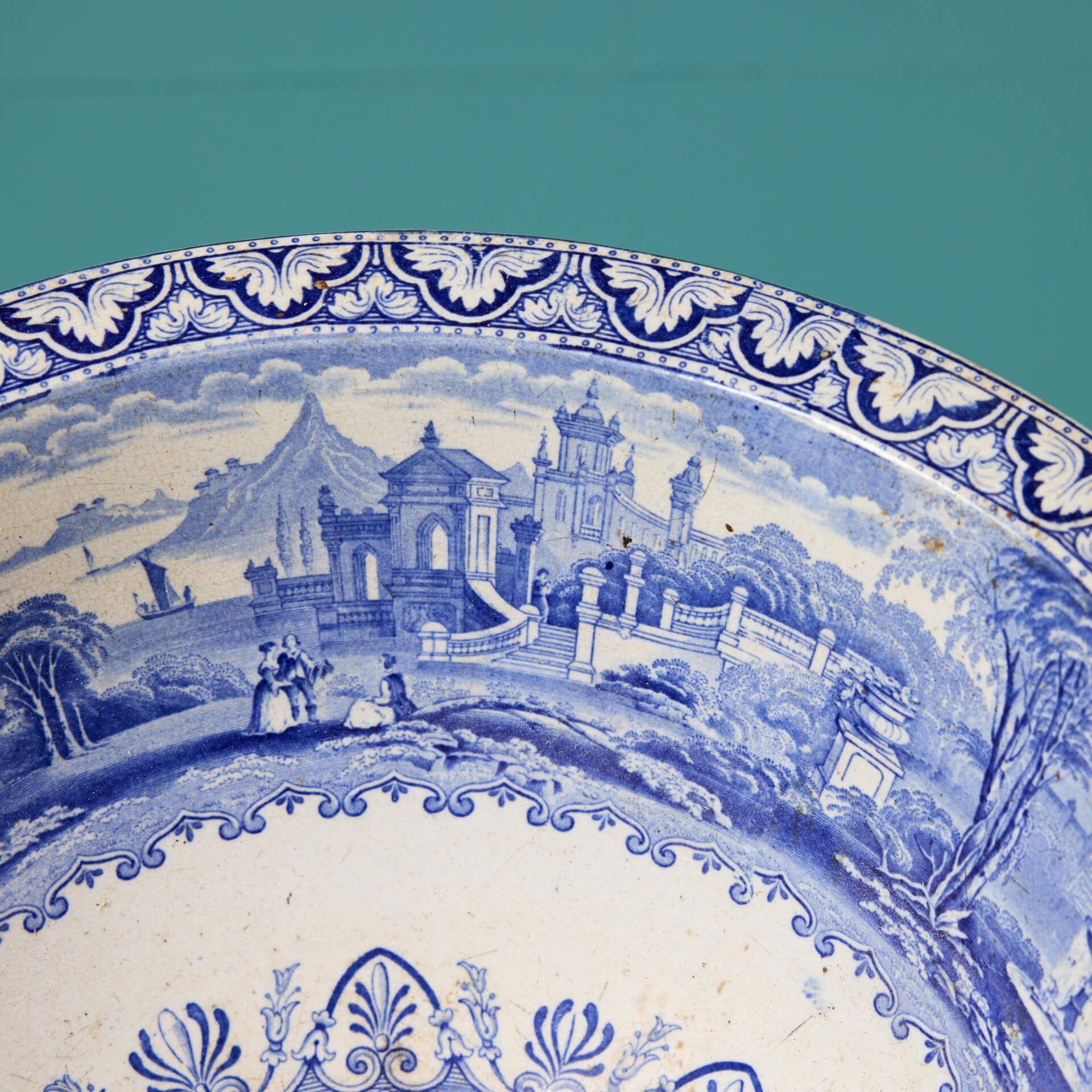 ‘The Panorama’ Victorian Blue & White Transfer Print Sink In Fair Condition For Sale In Wormelow, Herefordshire