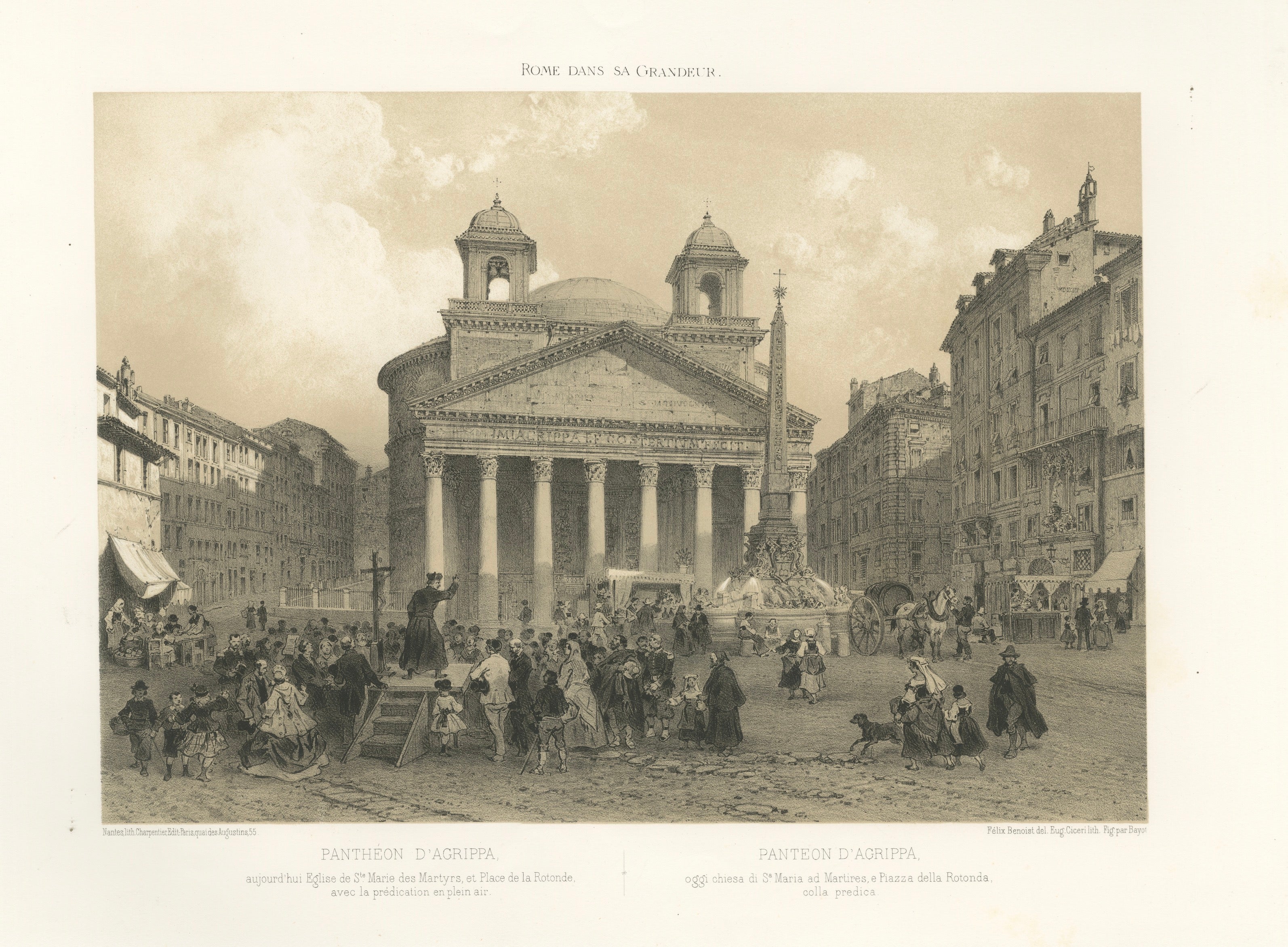 The Pantheon and Piazza della Rotonda, Rome – Benoist 1869 Lithograph