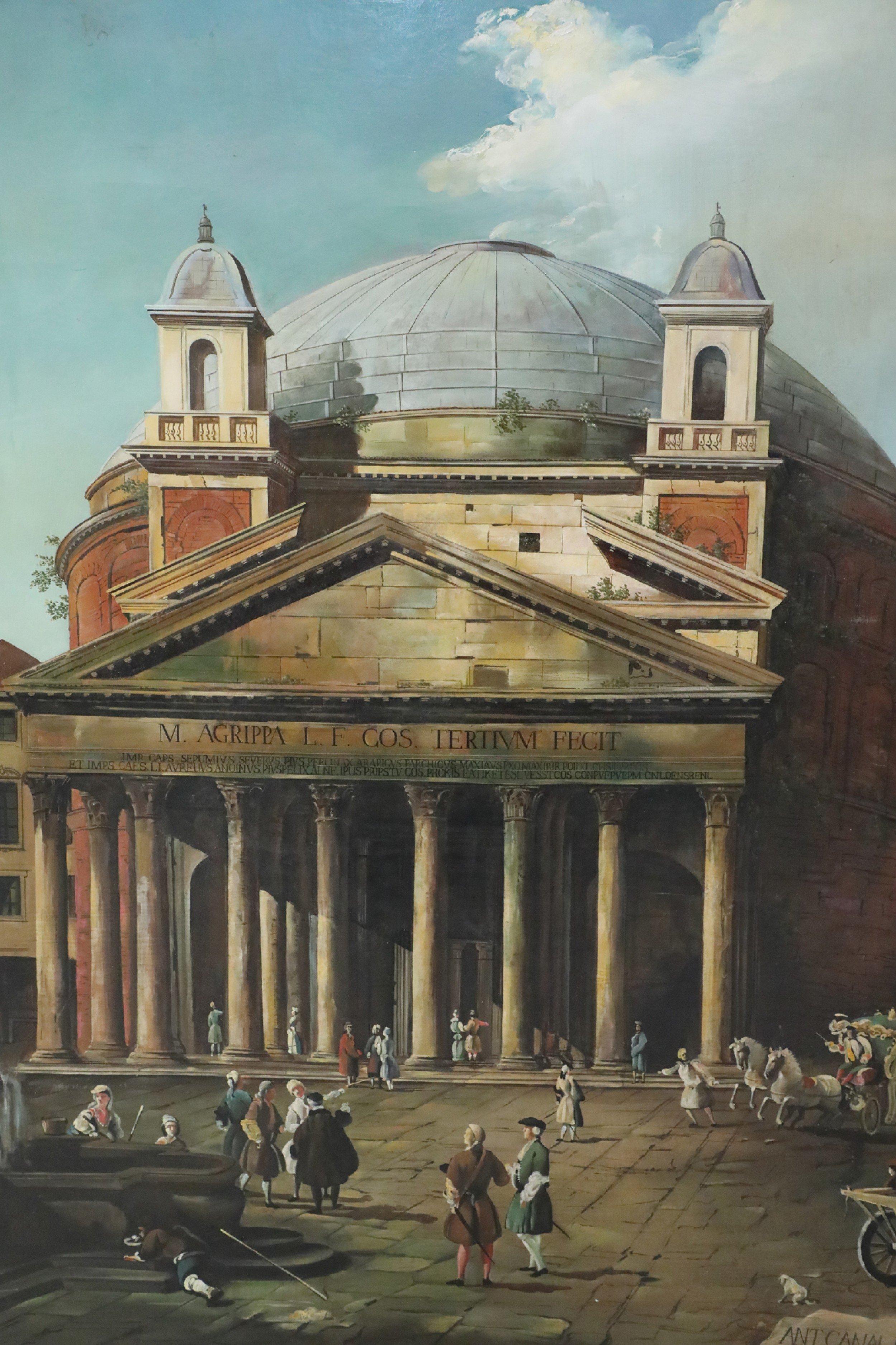Dipinto a olio su tela d'epoca (XX secolo), senza cornice, raffigurante la vita movimentata del XVIII secolo - figure, carrozze e cavalli - che si svolge davanti al Pantheon di Roma, catturando le colonne corinzie dell'edificio sotto un frontone con