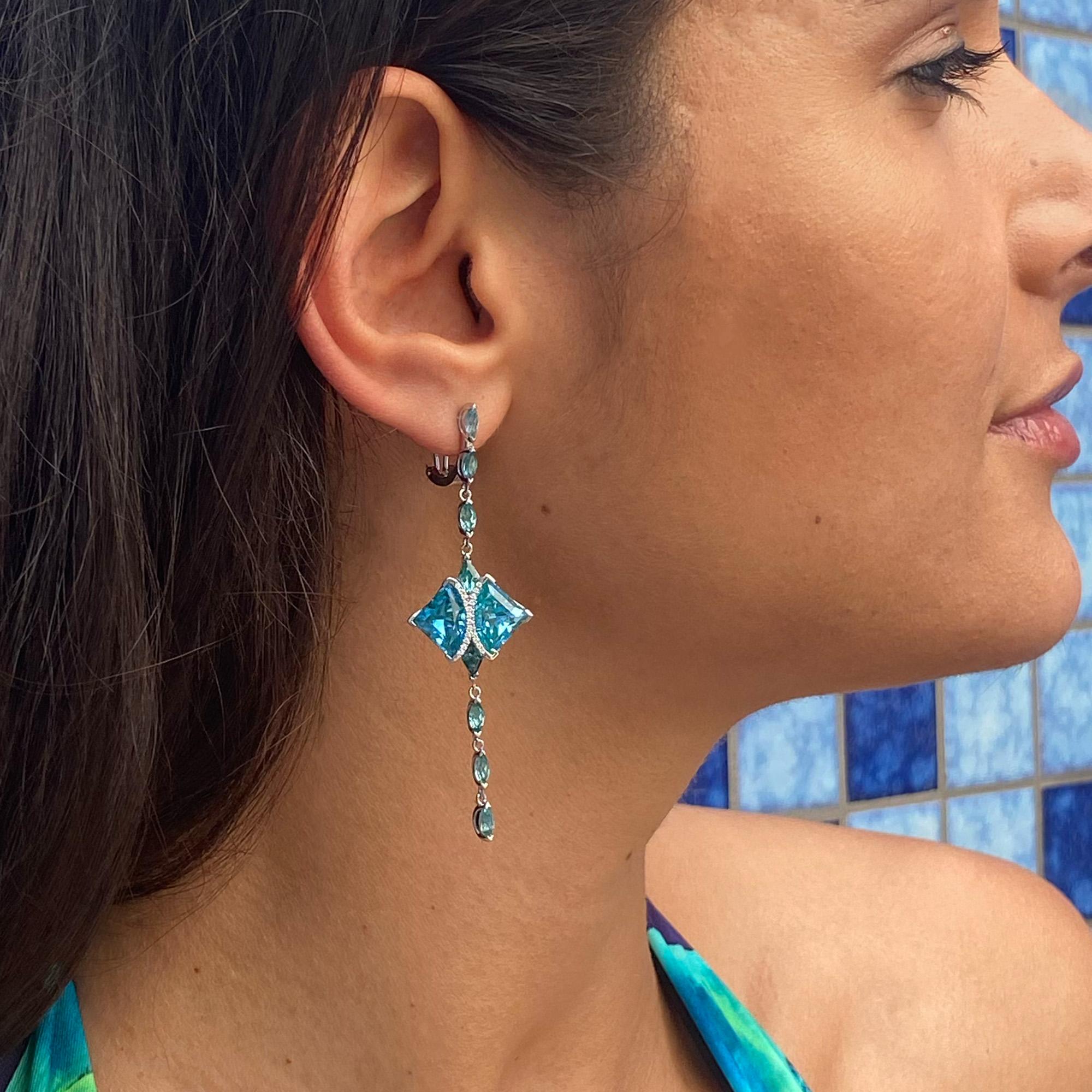 The magnificent eagle ray never fails to inspire us. A symbol of wisdom and grace, this elegant creature is a spirit guardian. Directly inspired by the ray’s form, the earrings are crafted with an assortment of fancy cut limited edition rare paraiba