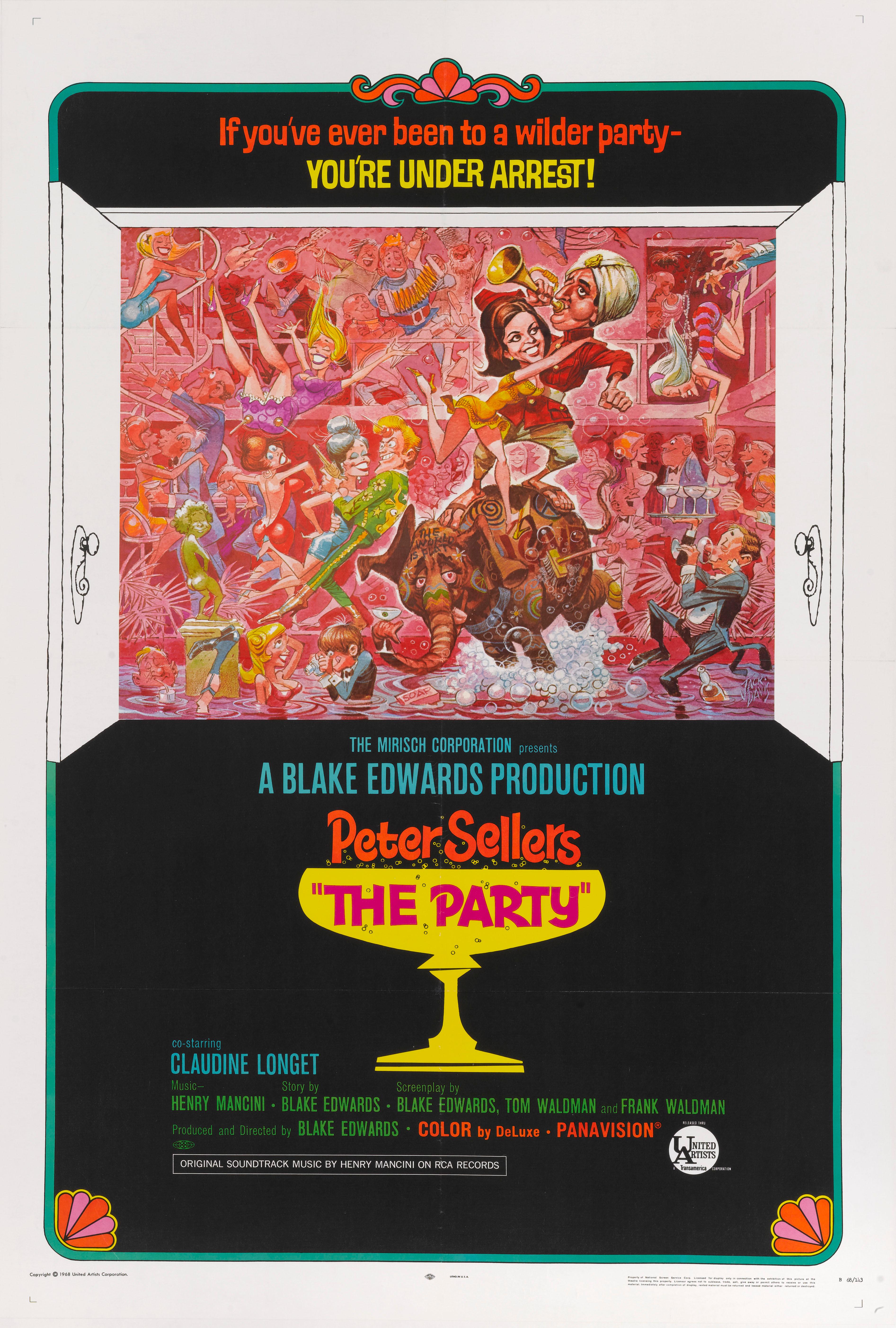 Original 1968 style B film poster. The artwork is by Jack Davis (1924-2016)
The party is built around the classic premise of the fish out of water,
by accident, a clumsy Indian film extra is invited to an exclusive Hollywood party and comedy ensues