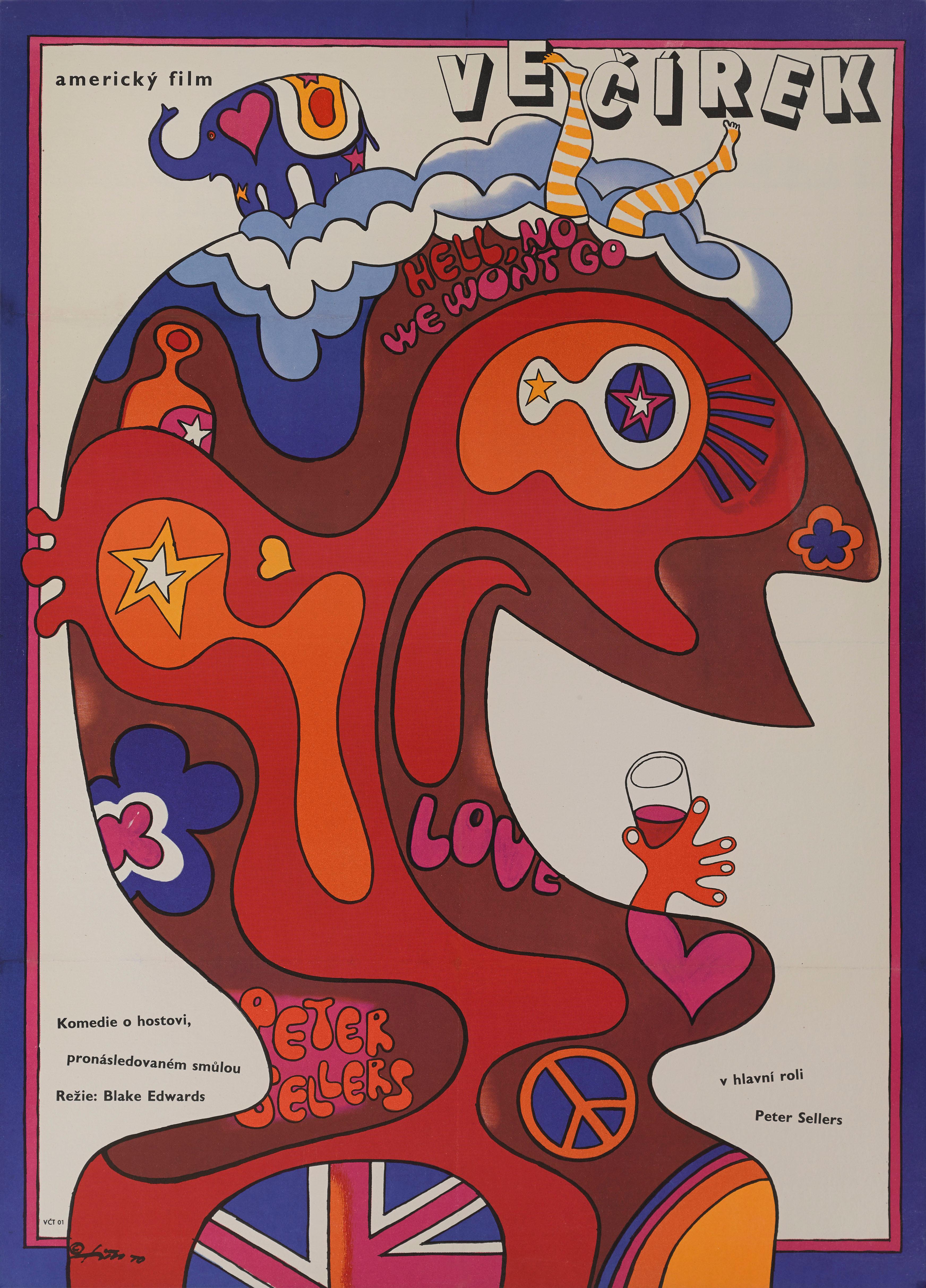 Original Czechoslovakian movie poster for Blake Edwards Classic 1968 comedy the Party staring Peter Sellers. The wonderful artwork is by 
Jaroslav Fiser who was resposible for over 100 Czech movie posters. This poster was used for the first Czech