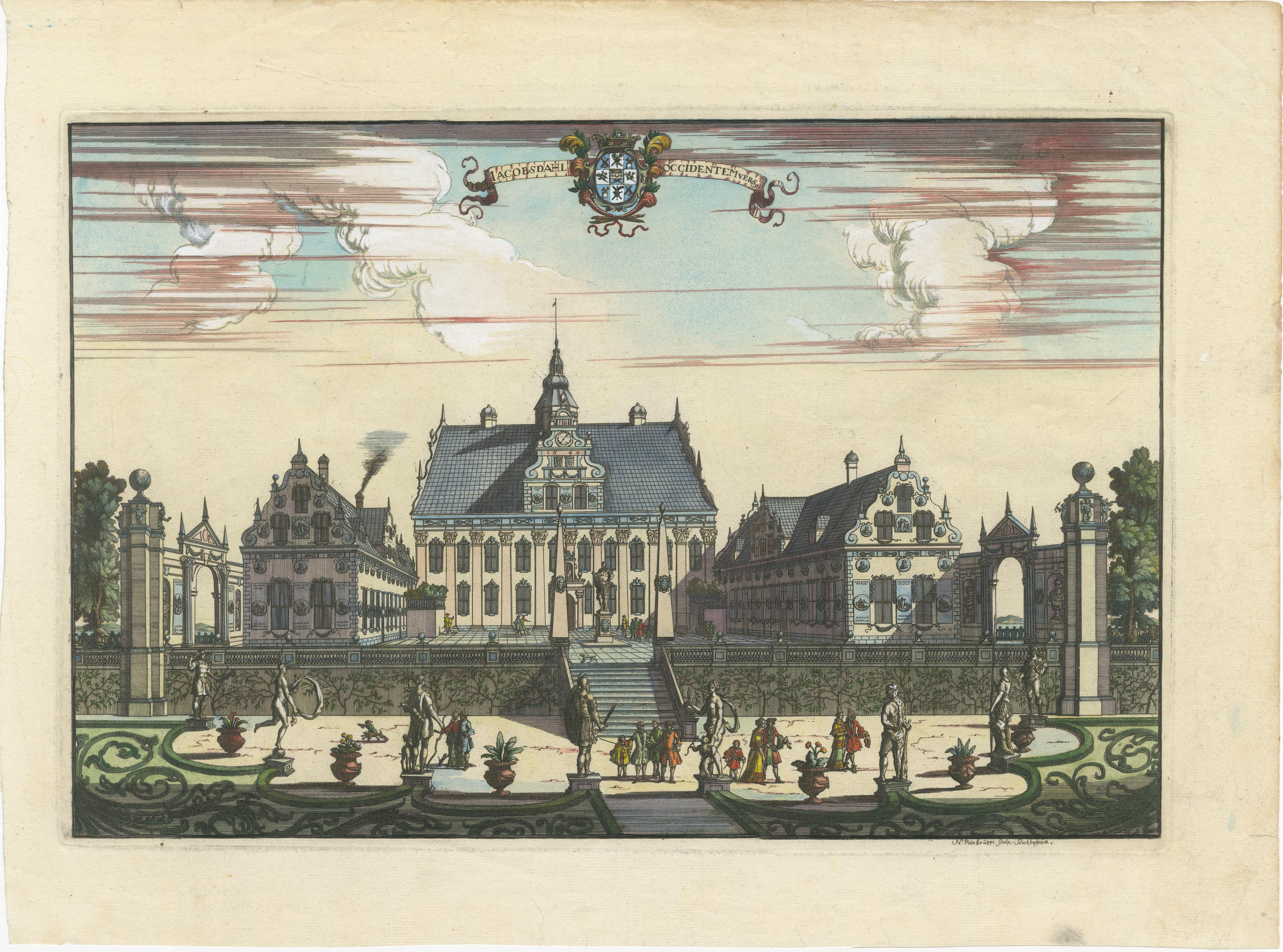 This original print is a hand-colored engraving of Ulriksdal Castle, also historically known as 