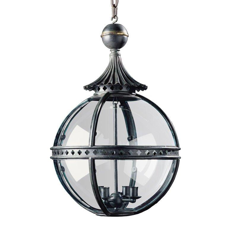 This carefully crafted, spherical hanging light has a pagoda style top surmounted by a moulded ball finial. The moulded frame has a band of quatrefoil medallions forming the meridian ring.
      