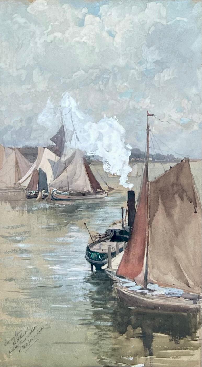 Watercolor and gouache signed and inscribed in the lower left featuring boats in a harbor by Frances Hopkinson Smith.  Presented in a wonderful gilt frame.

Provenance: 
Thomas McCLean, London
Christies, NYC
A private collection, NYC
Bradbury Art
