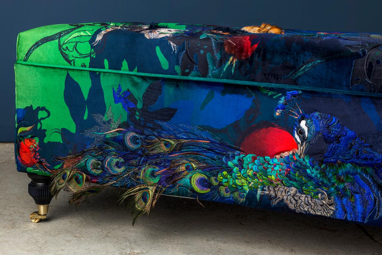 Appliqué Embroidered velvet ottoman in a variety of textiles by award-winning artist For Sale
