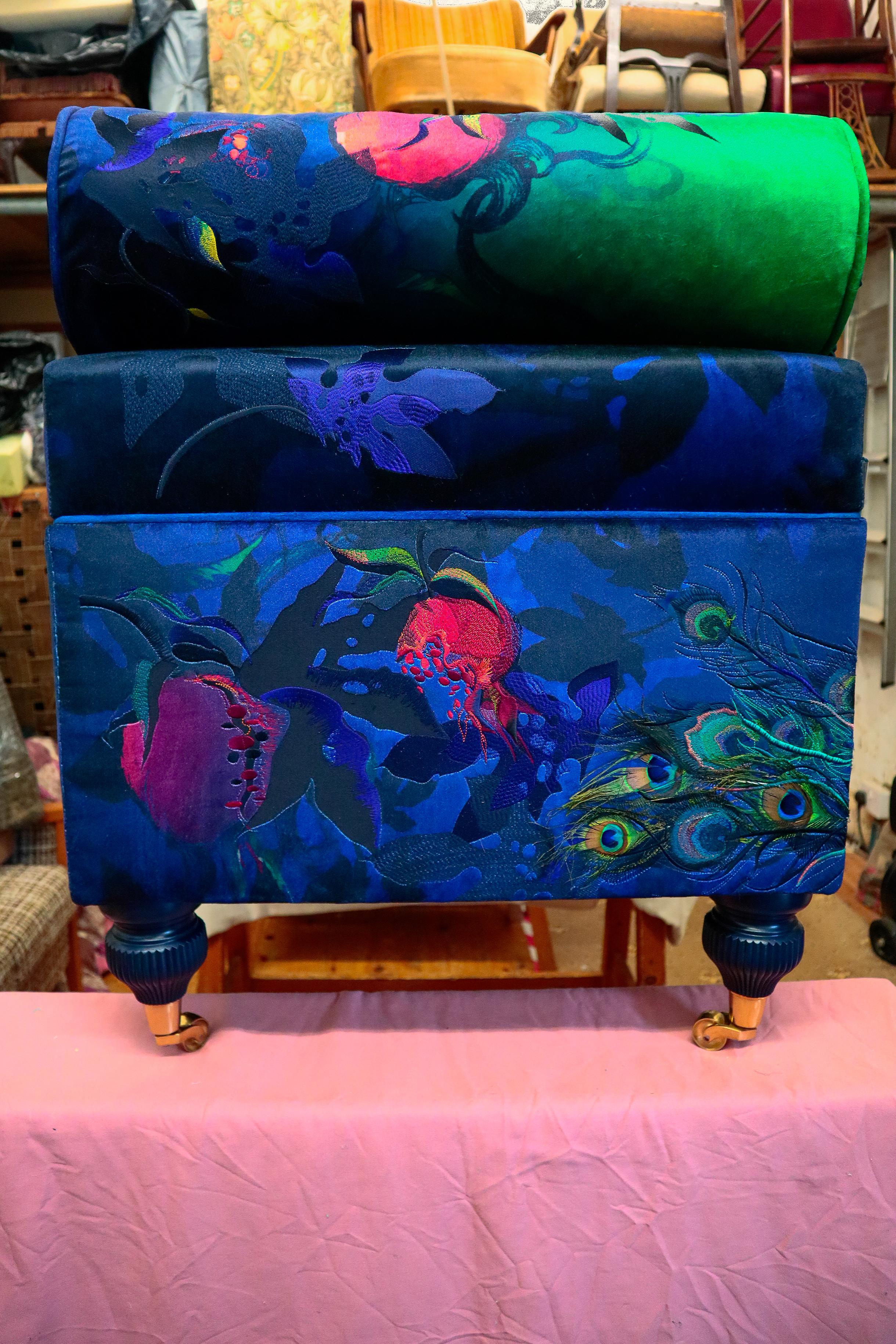 Upholstery Embroidered velvet ottoman in a variety of textiles by award-winning artist For Sale