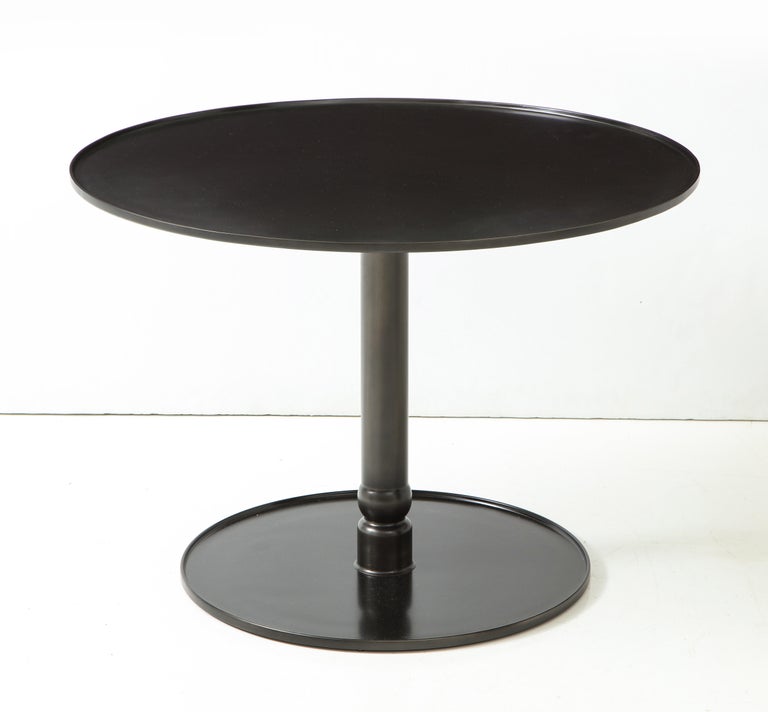 Minimalist The Pedestal Table, Hand Blackened Patina, Cast Base & Forged Edges For Sale
