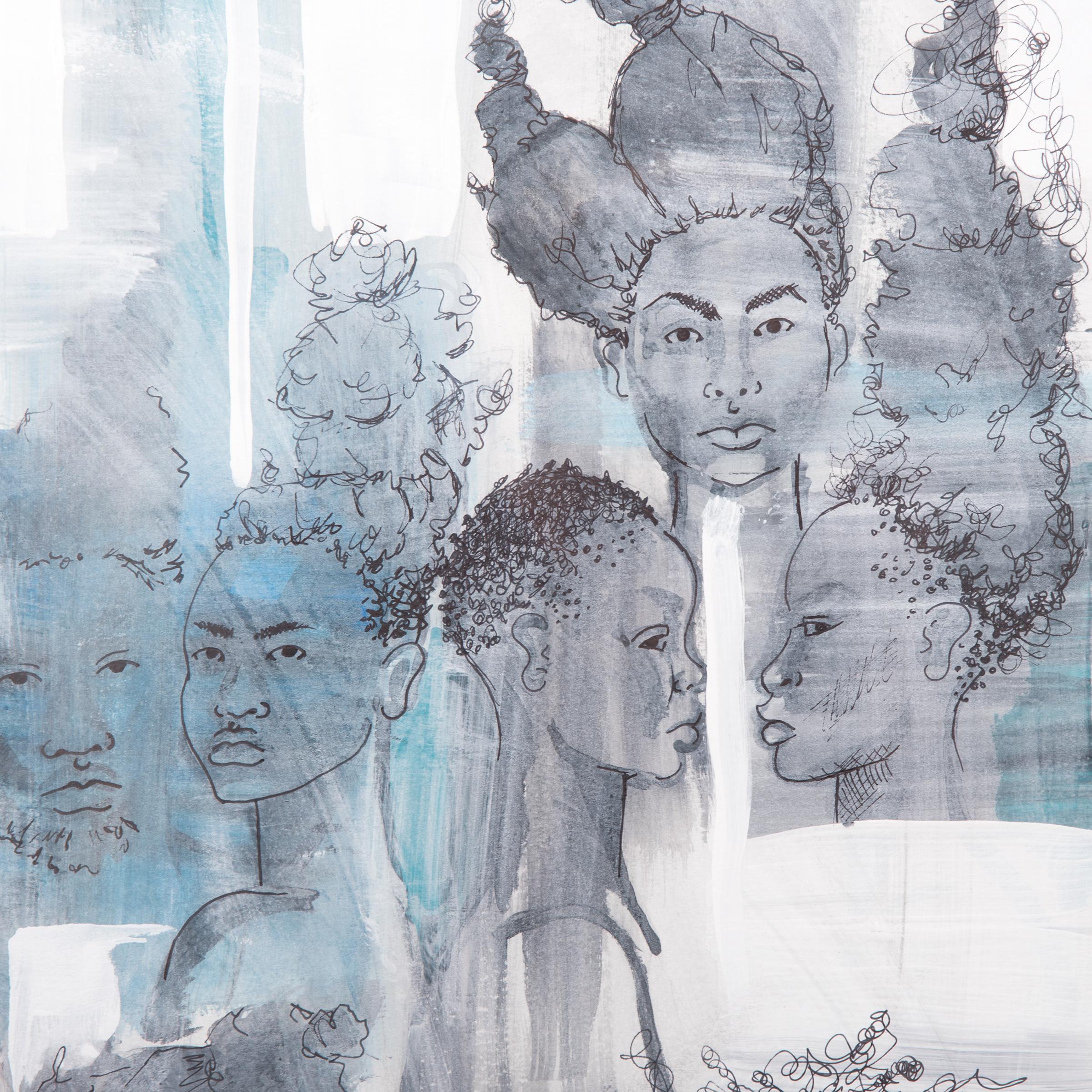 Tracy crump uses washes of grey, white and aqua to both conceal and reveal sensitively drawn figures. Each figure stands alone as an individual, possessing unique features and hairstyles, yet, as the title of the series suggests, the men and women