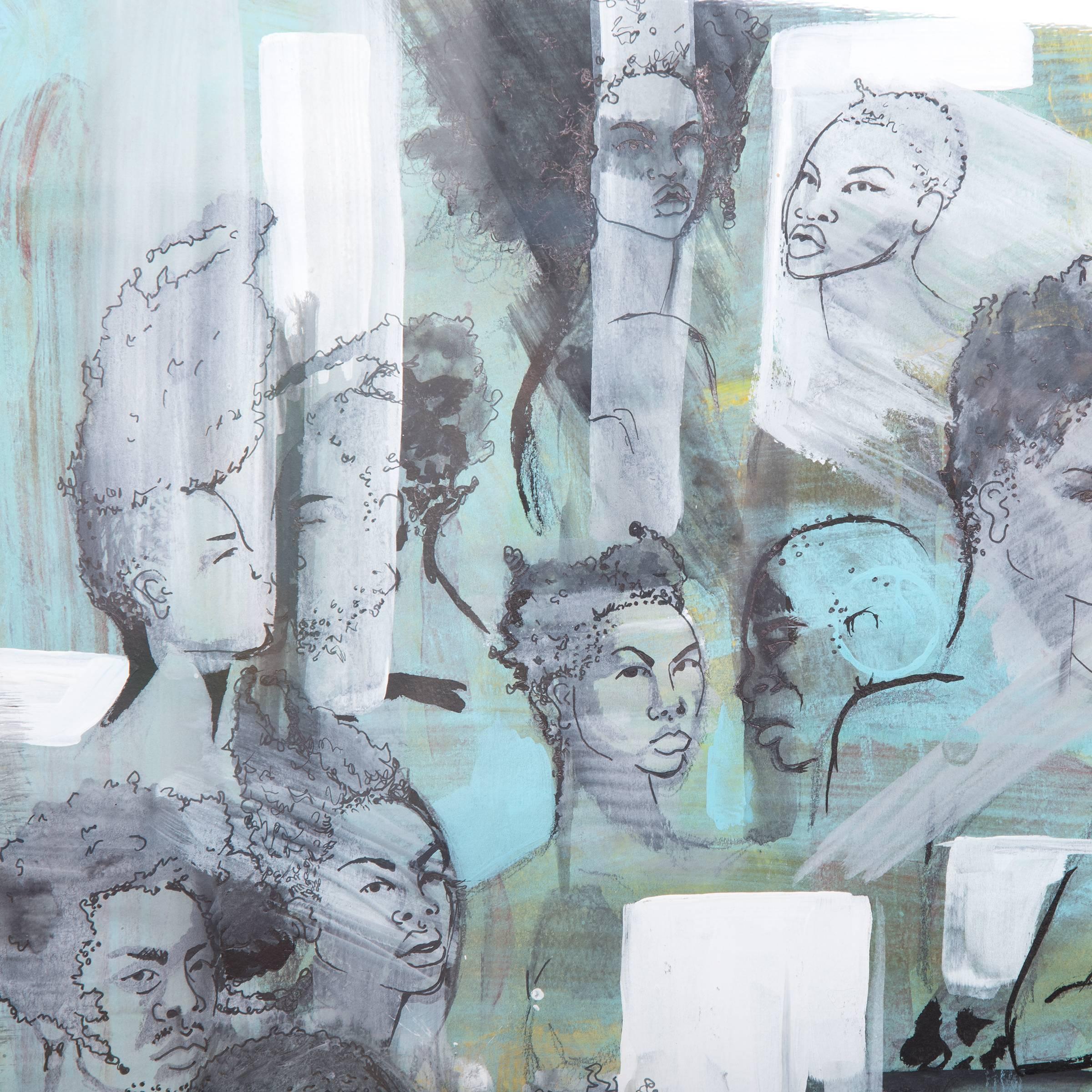 Tracy Crump uses washes of grey, white, and aqua to both conceal and reveal sensitively drawn figures. Each figure stands alone as an individual, possessing unique features and hairstyles, yet, as the title of the series suggests the men and women