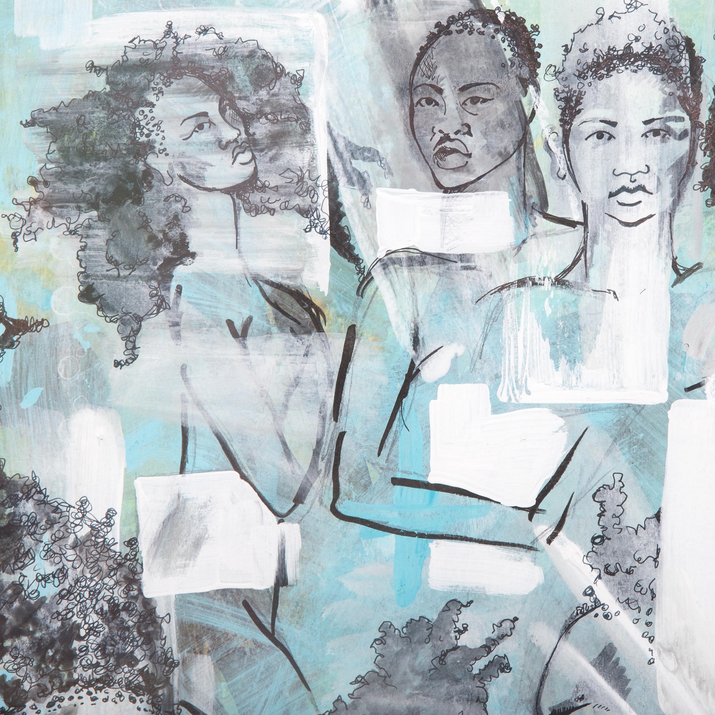 Tracy Crump uses washes of grey, white and aqua to both conceal and reveal sensitively drawn figures. Each figure stands alone as an individual, possessing unique features and hairstyles, yet, as the title of the series suggests the men and women