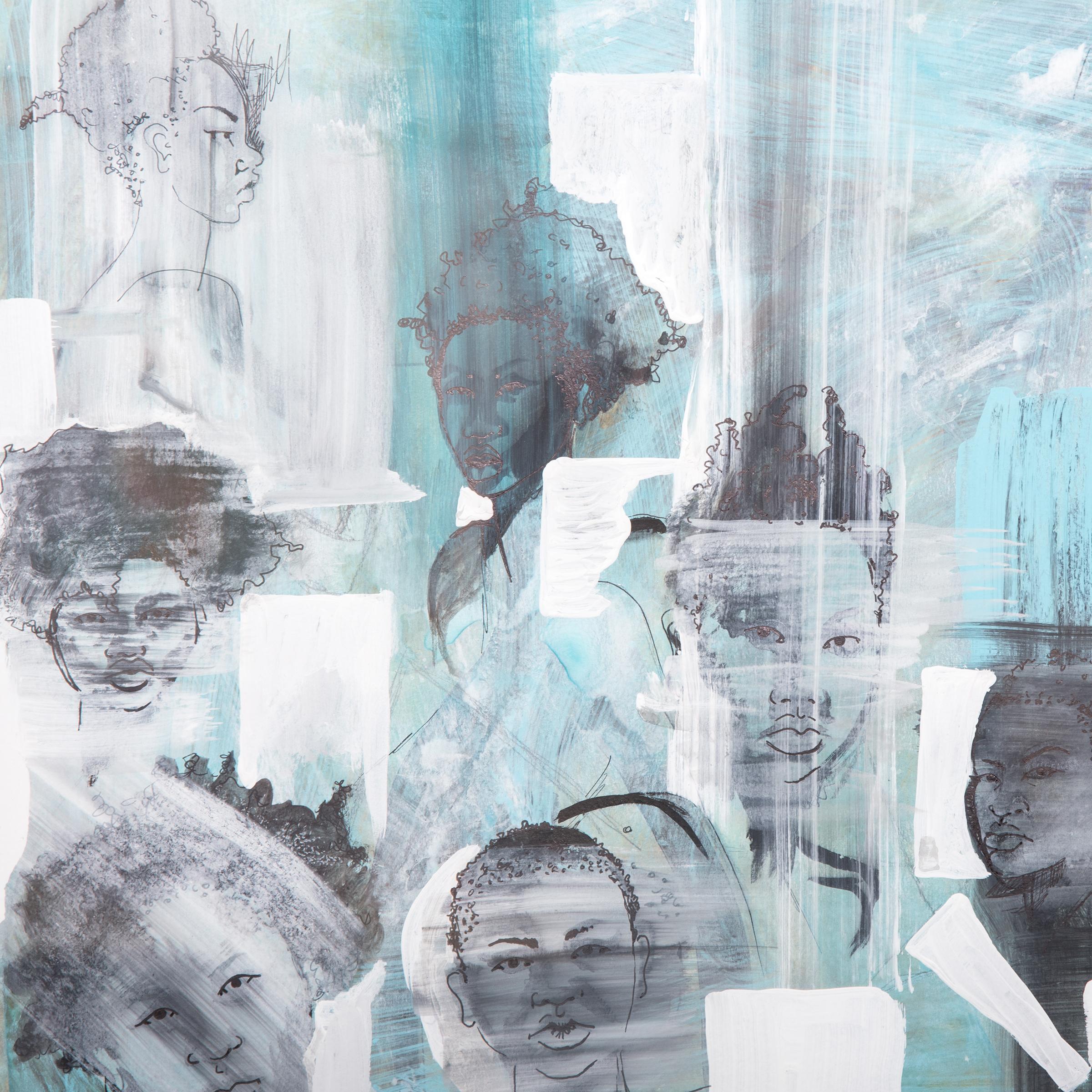 Tracy Crump uses washes of grey, white and aqua to both conceal and reveal sensitively drawn figures. Each figure stands alone as an individual, possessing unique features and hairstyles, and yet, as the title of the series suggests the men and