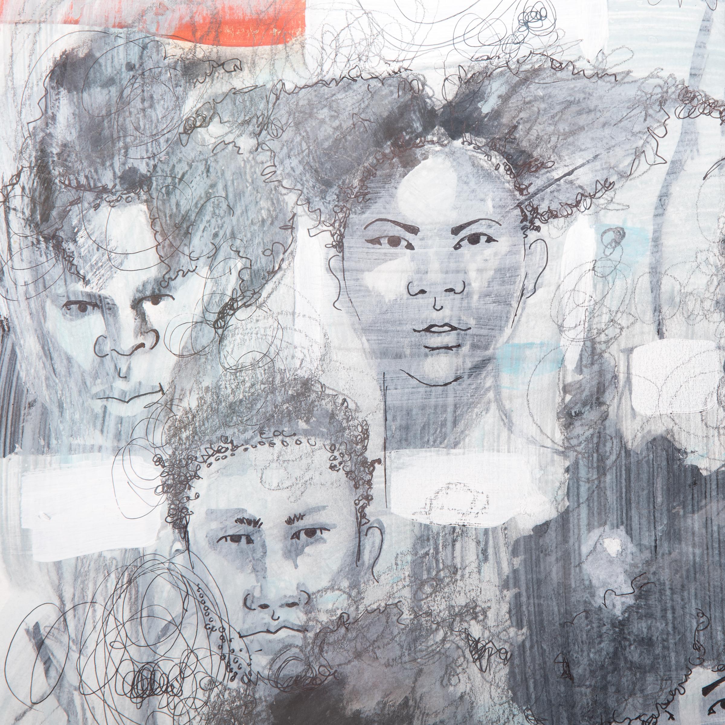 Tracy Crump uses washes of grey, white and aqua to both conceal and reveal sensitively drawn figures. Each figure stands alone as an individual, possessing unique features and hairstyles, yet, as the title of the series suggests, the men and women