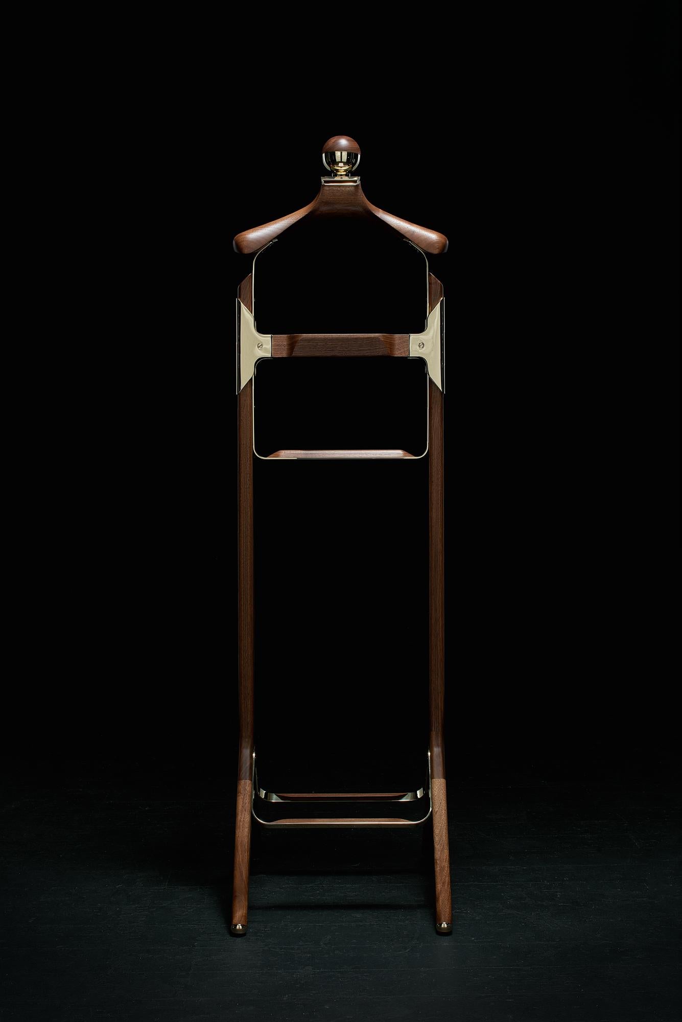 English Permanent Style Valet Stand by Honorific in Solid Brass and Black Walnut For Sale