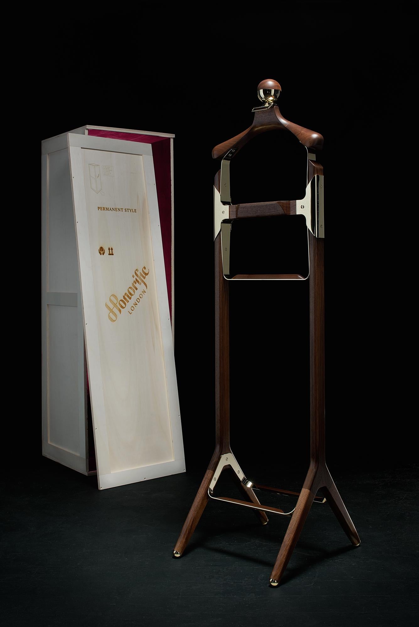 Oiled Permanent Style Valet Stand by Honorific in Solid Brass and Black Walnut For Sale