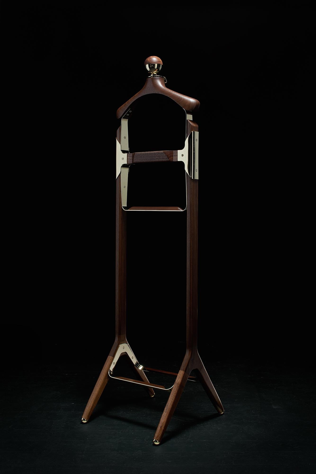 Permanent Style Valet Stand by Honorific in Solid Brass and Black Walnut For Sale 1