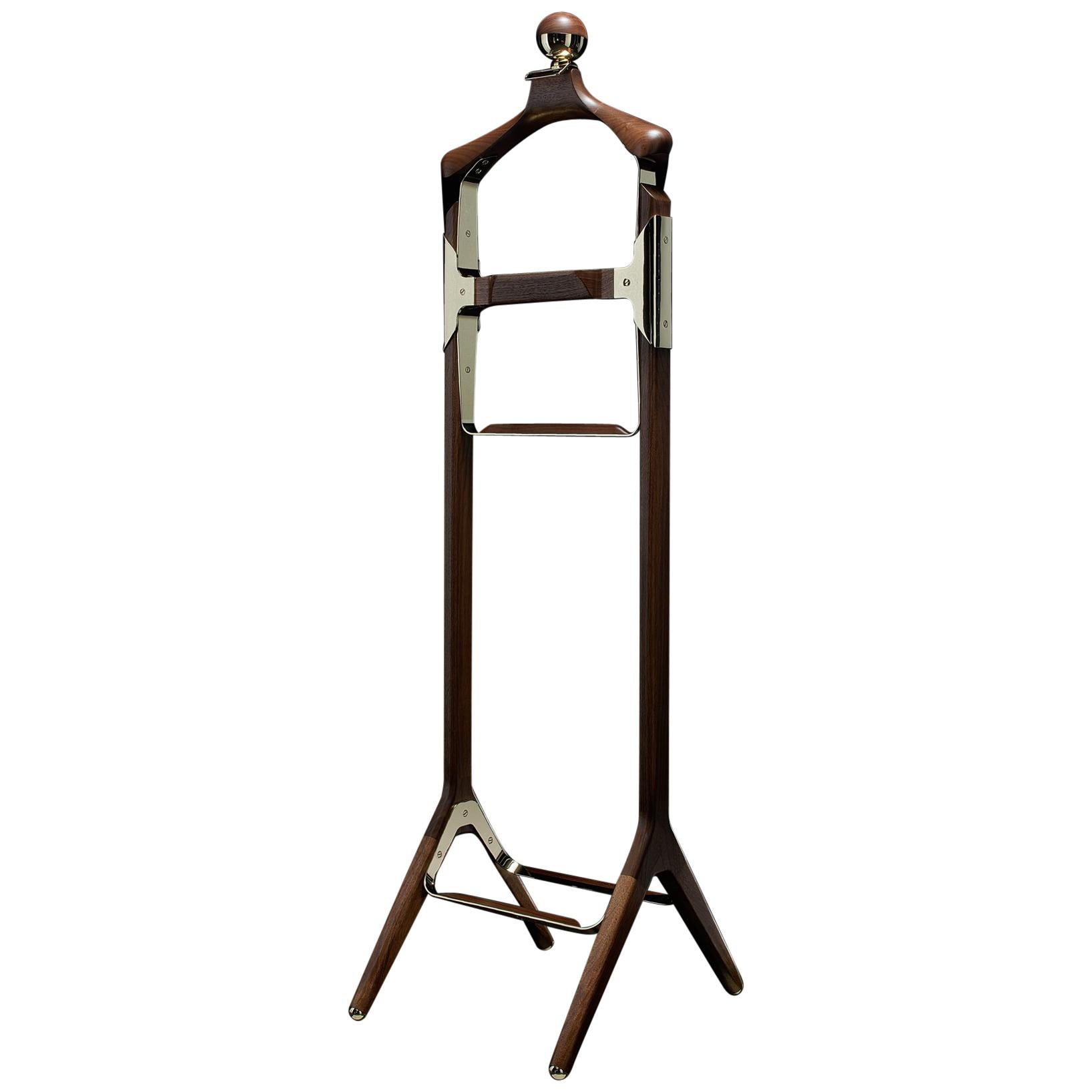 Permanent Style Valet Stand by Honorific in Solid Brass and Black Walnut For Sale