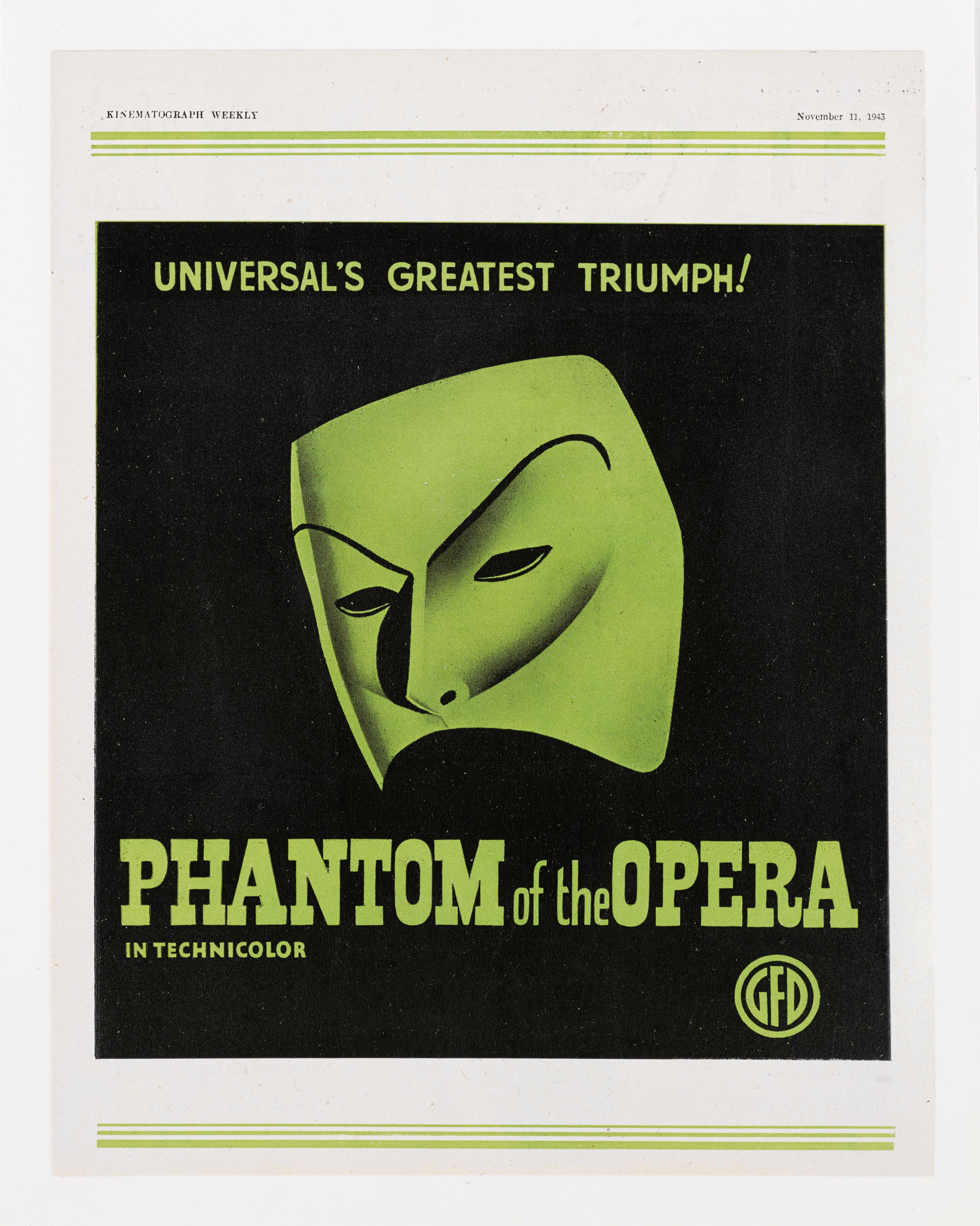Original British trade advertisement from Kinematograph Weekly - Nov. 11 the 1943 , for the 1943 Horror film The Phantom of the Opera directed by Arthur Lubin and starring Claude Rains.
The piece is conservation paper backed and would be sent out