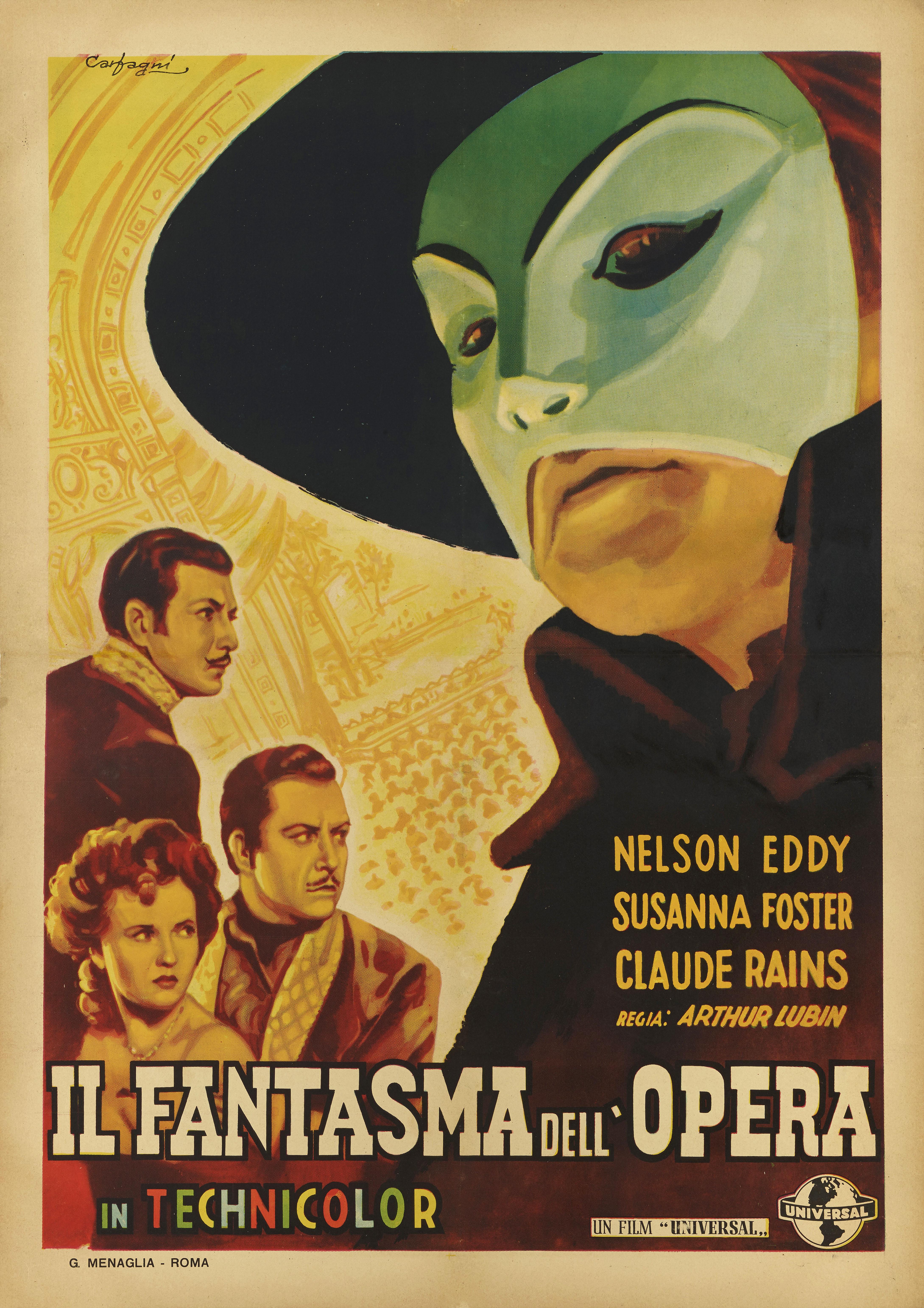 Original Italian film poster for the 1943 Horror film The Phantom of the Opera.
This film was directed by Arthur Lubin. The cast includes Nelson Eddy, Susanna Foster and Claude Rains. It tells the story of violinist Erique Claudin (Claude Rains),