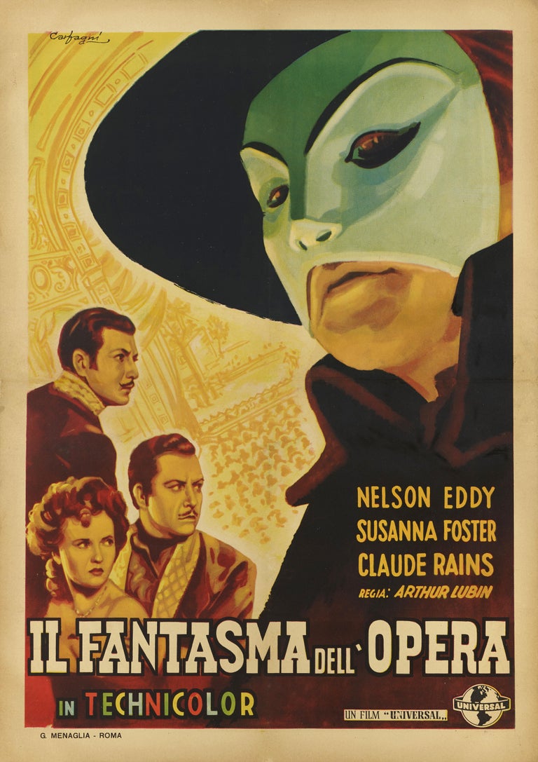 Original Italian film poster for the 1943 Horror film The Phantom of the Opera.
This film was directed by Arthur Lubin. The cast includes Nelson Eddy, Susanna Foster and Claude Rains. It tells the story of violinist Erique Claudin (Claude Rains),