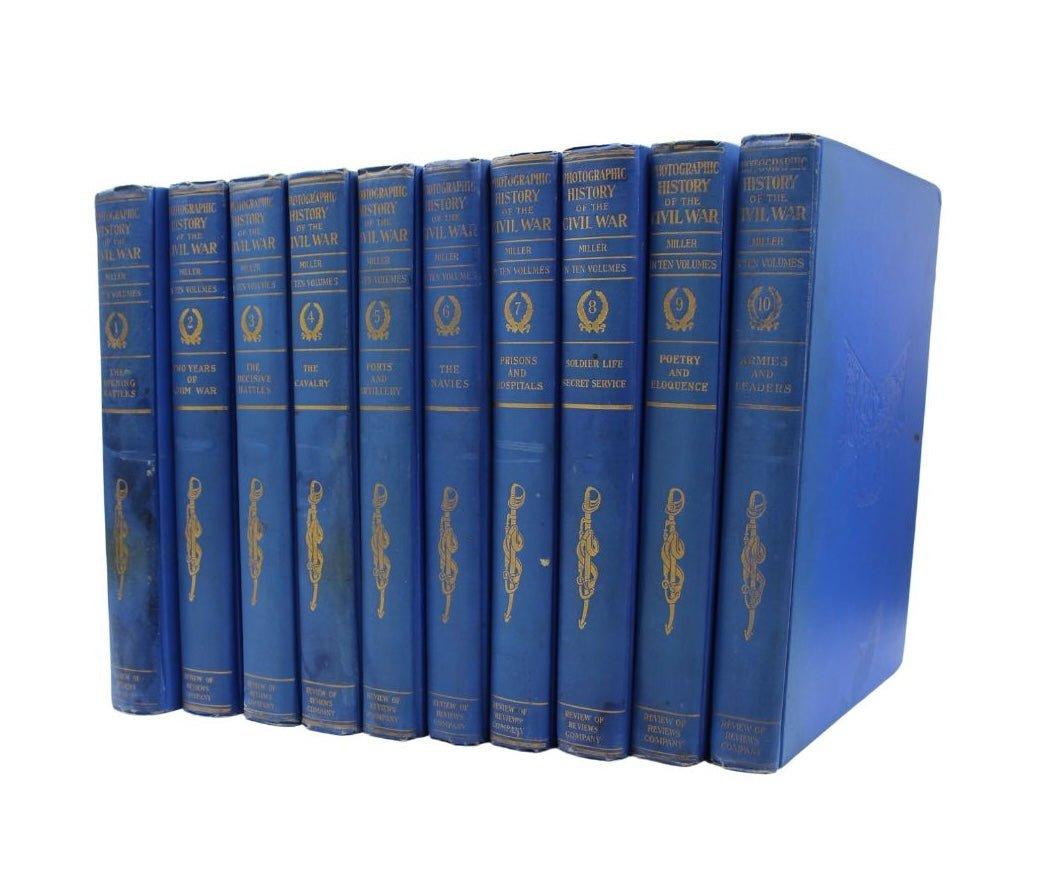 Miller, Francis Trevelyan (editor). The Photographic History of the Civil War in Ten Volumes. New York: The Review of Reviews Co., 1912. Quarto, ten volume set, in original blue cloth gilt bindings. Illustrated with thousands of photographs, plus