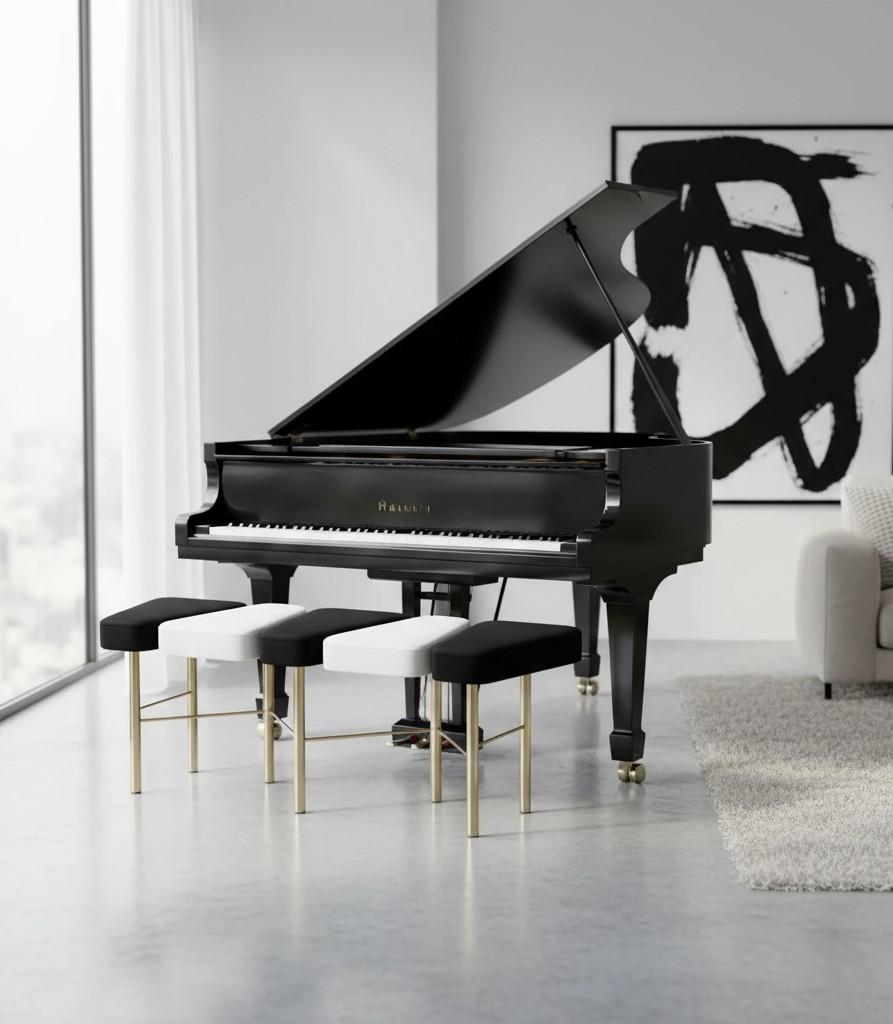 Banco geométrico Pianista de terciopelo en tonos joya con base de latón macizo Portugués en venta