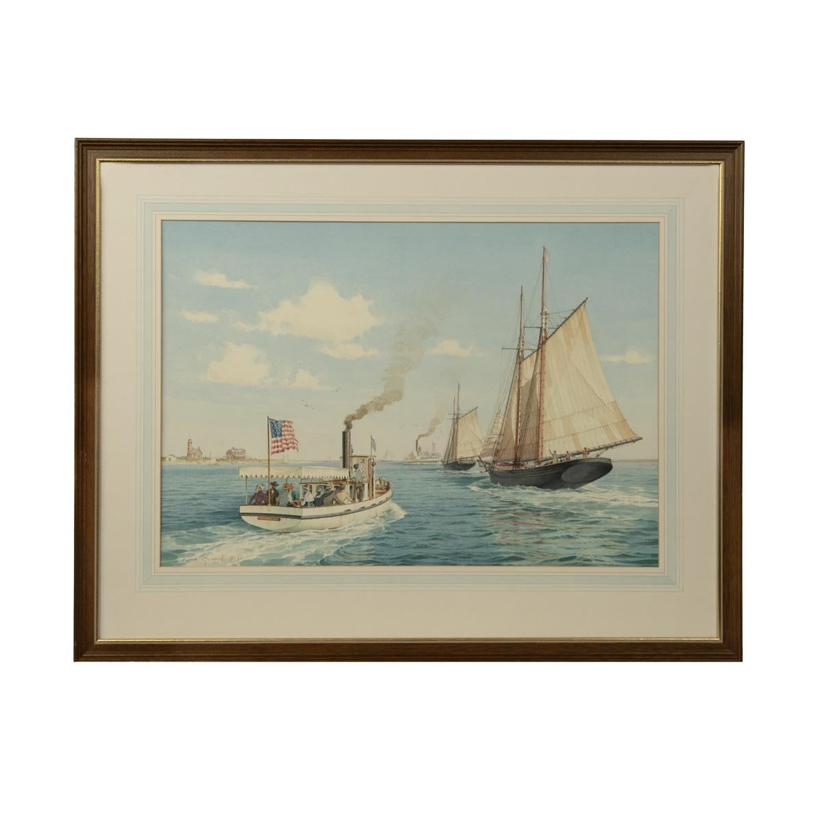 The Picnic, Island Belle, & the schooner Harry L Belden, Nantucket Harbour, U.S.A. (circa 1890) by K. A. Griffin, watercolour on paper, showing a steam launch filled with day trippers and flying the Stars & Stripes, alongside two schooners with a