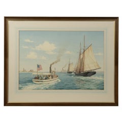 Antique The Picnic, Island Belle, & the schooner Harry L Belden, Nantucket Harbour, U.S.