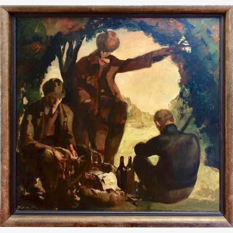 Framed oil on canvas.
Subject of three hunters having lunch.
Interesting opening of field in the centre giving a depth sensation.
Very beautiful original frame in bronze patina.

Dimensions:
H 121.5 cm x W 121.5 cm including frame.


  