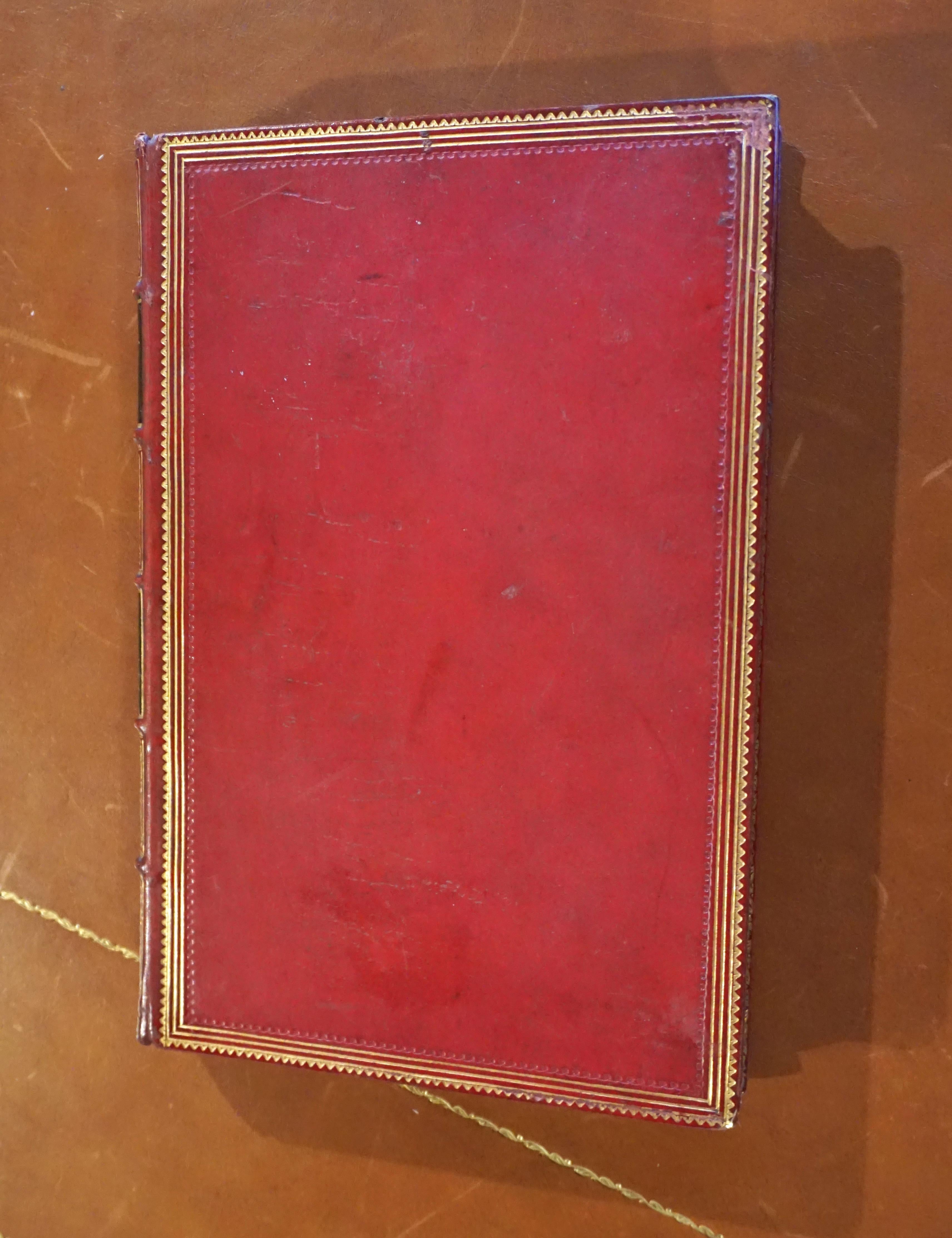 A beautiful 8 volume set of Shakespeare's works bound in full crimson leather with gilt-tooled raised band spines, profusely illustrated with line drawings, published in London by Charles Knight and Company. Each volumes has marbleized endpapers and