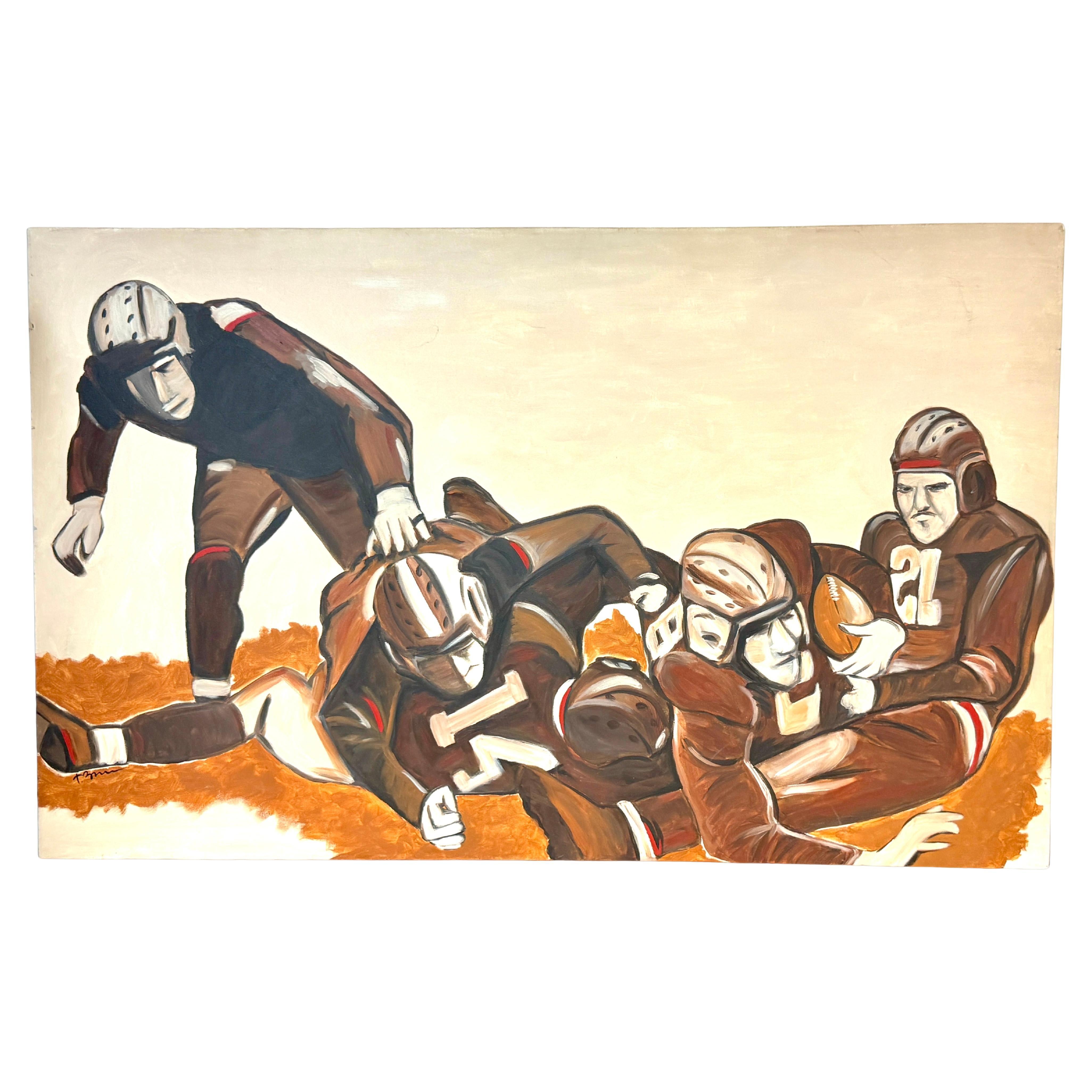 “The Pile-Up: 1930s Football,” mid-century oil on canvas by T. Byrne, 30