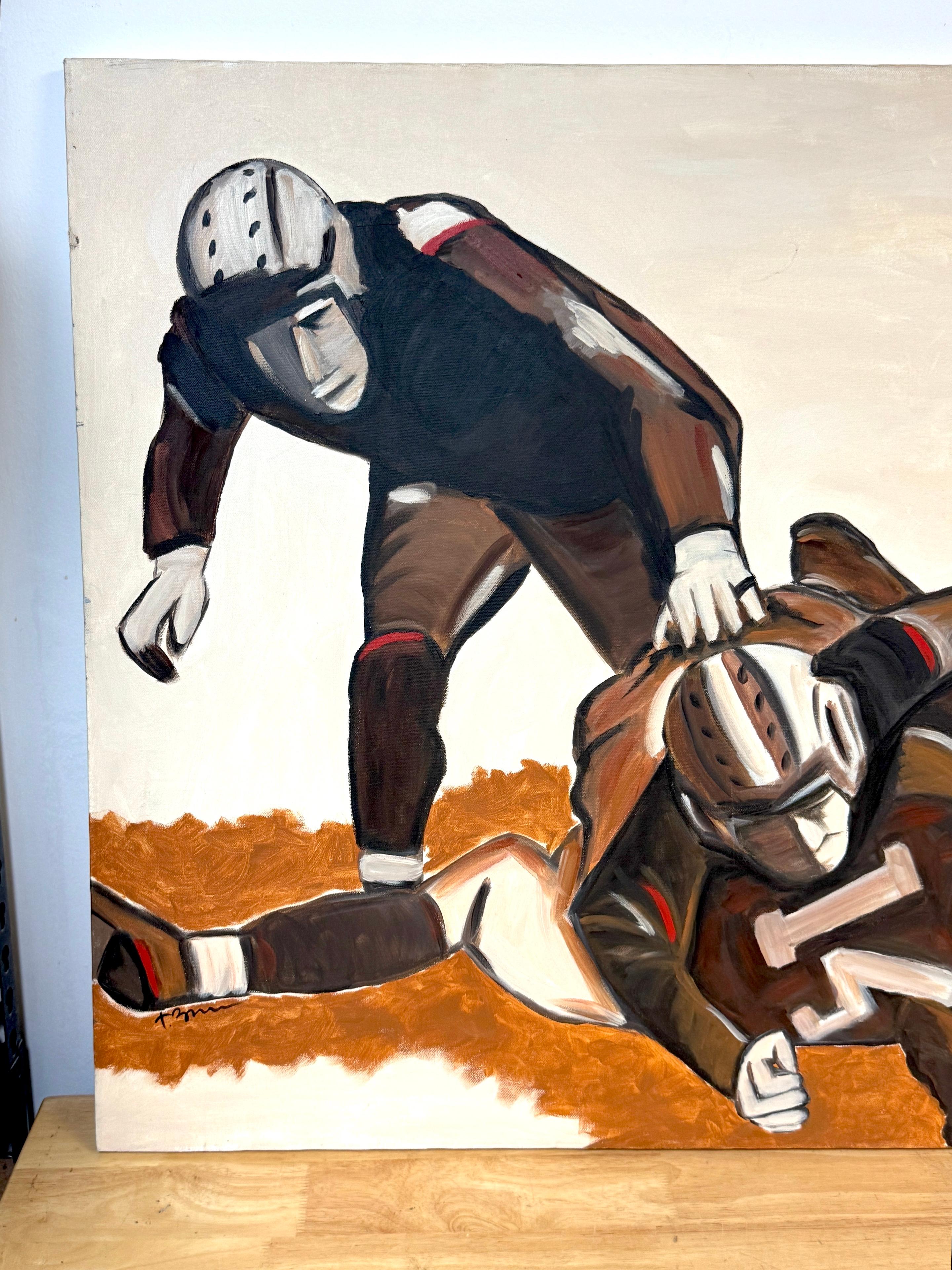 American “The Pile-Up: 1930s Football” Mid-Century Oil on Canvas by T. Byrne, 30