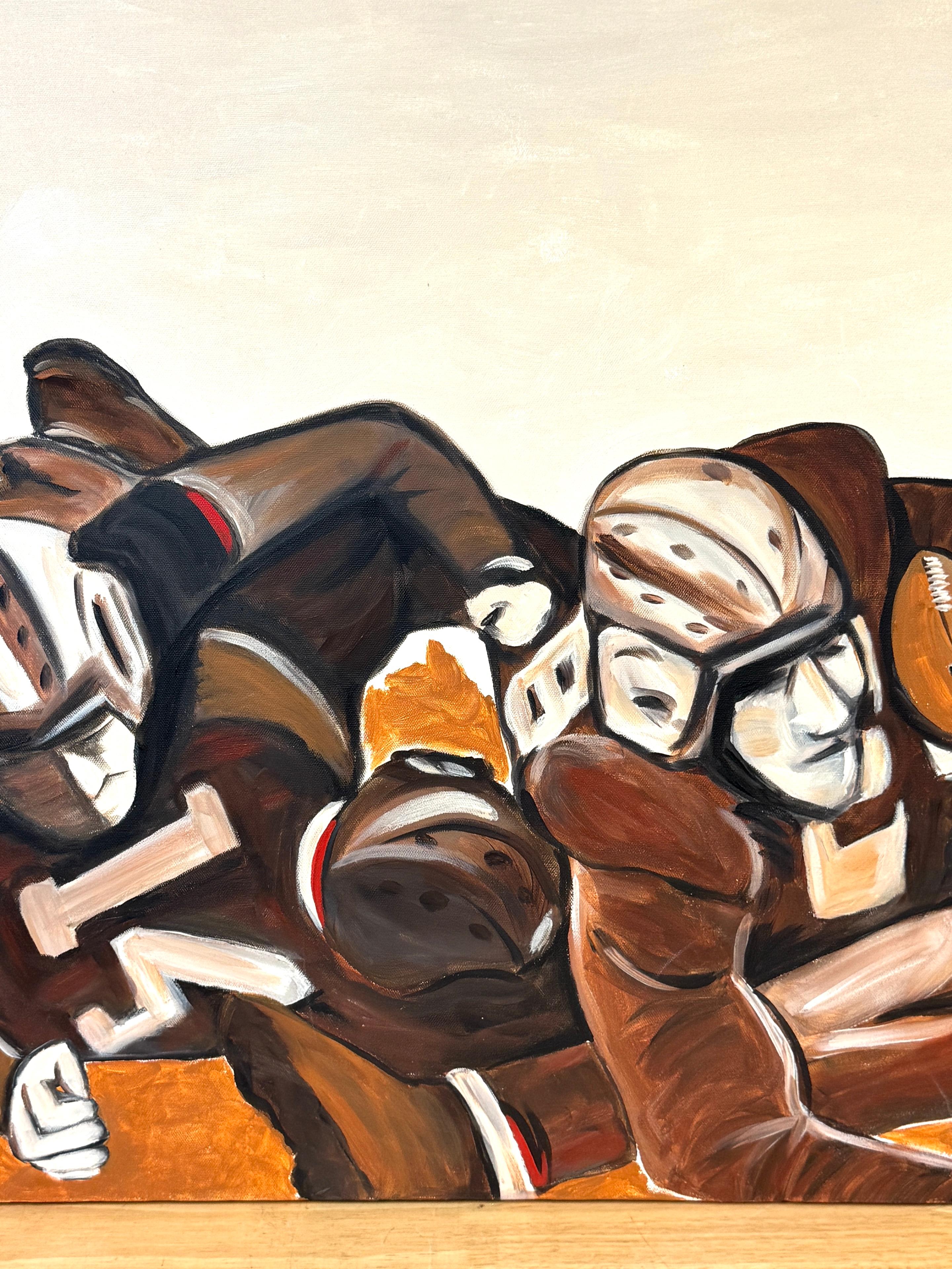 “The Pile-Up: 1930s Football” Mid-Century Oil on Canvas by T. Byrne, 30