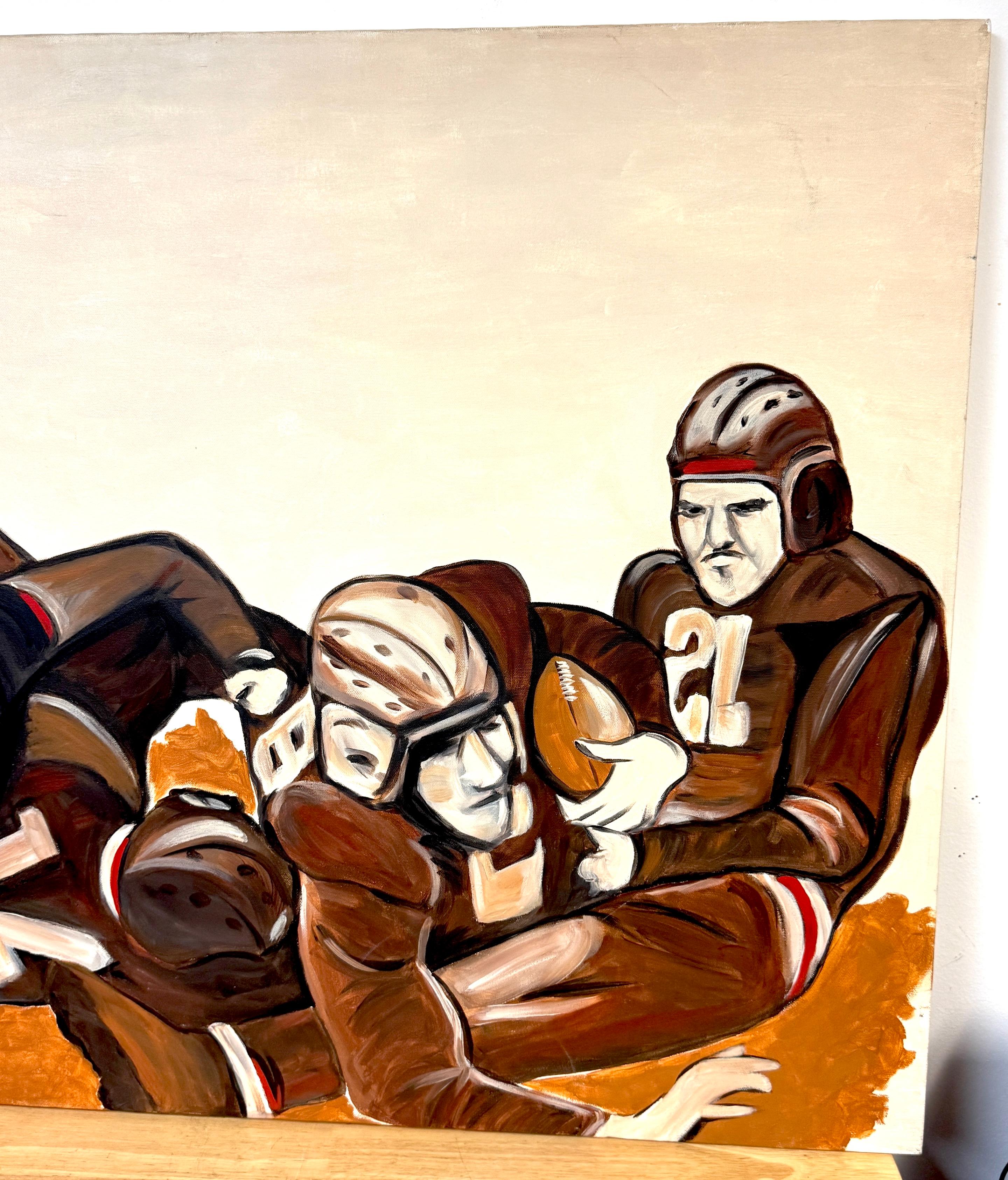 “The Pile-Up: 1930s Football” Mid-Century Oil on Canvas by T. Byrne, 30