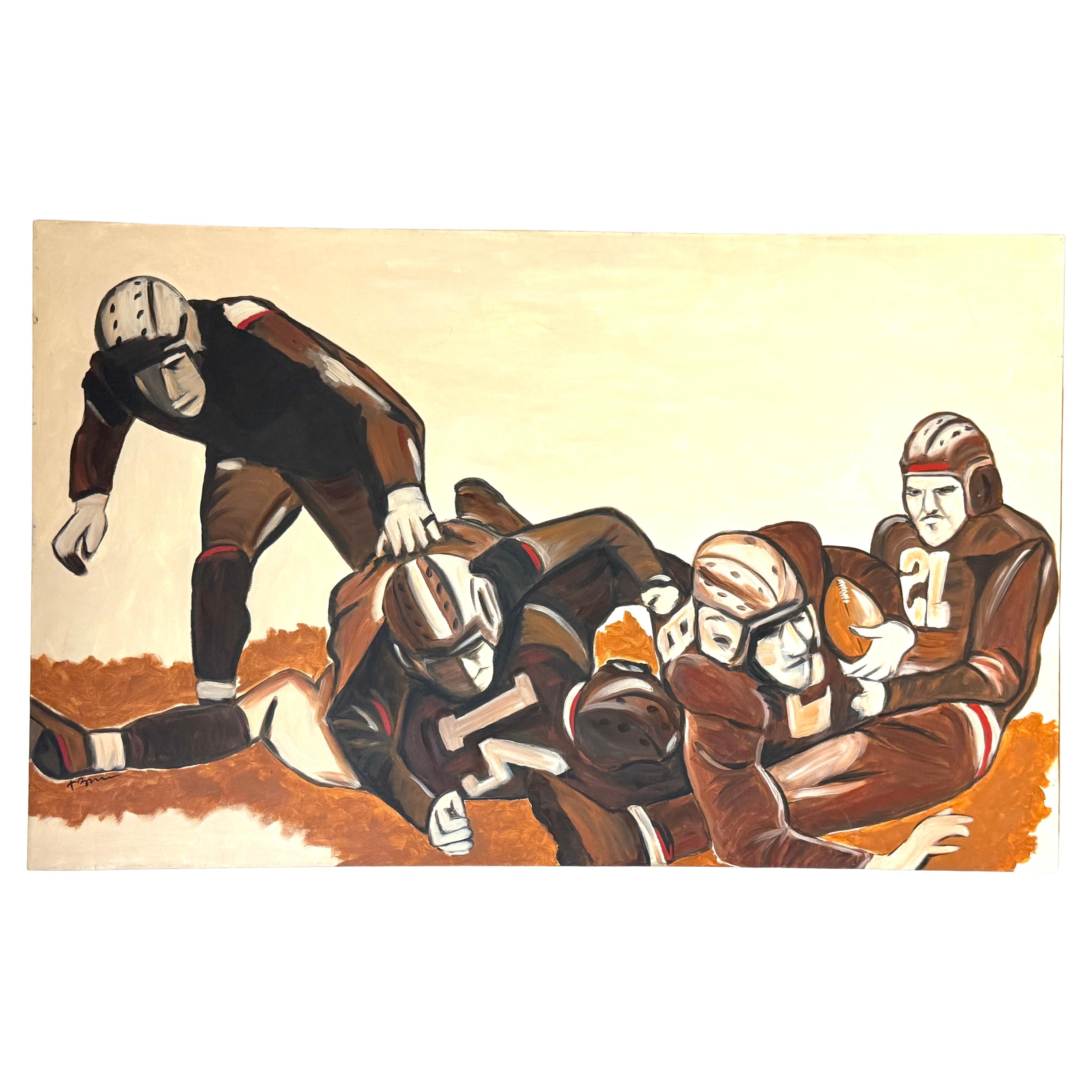 “The Pile-Up: 1930s Football” Mid-Century Oil on Canvas by T. Byrne, 30" x 48" For Sale