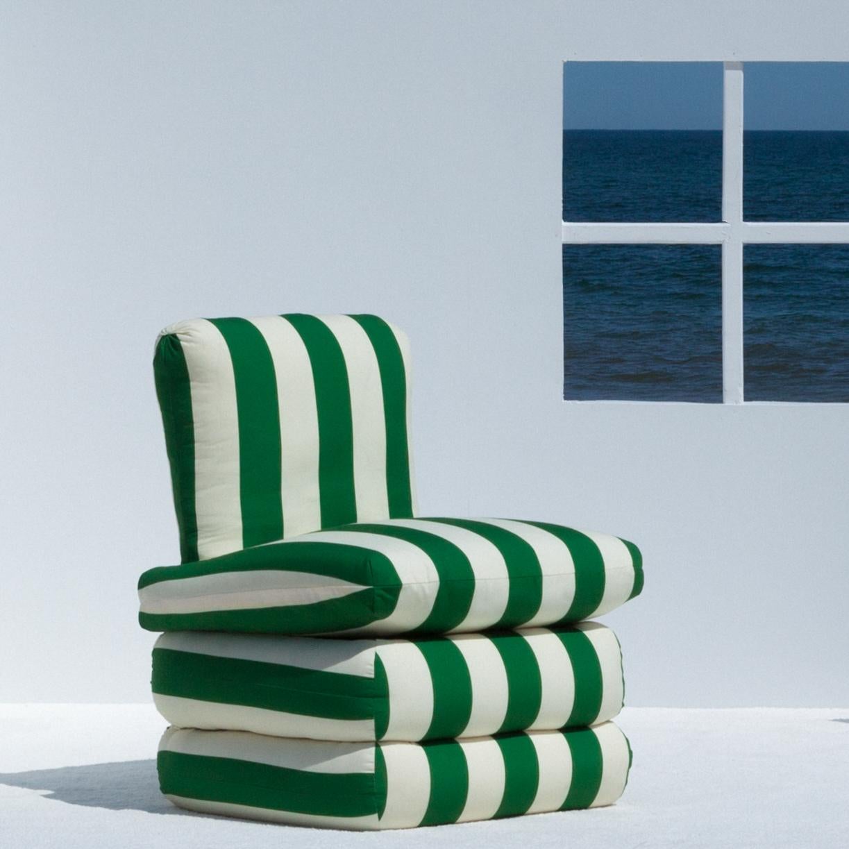 Inspired by the relaxed glamour of the 1960s Italian Riviera, our new Pillow chair physically embodies the longing for lazy summer days with a comfortable, fully upholstered chair in colorful and Classic stripes.

The upholstered shape brings to