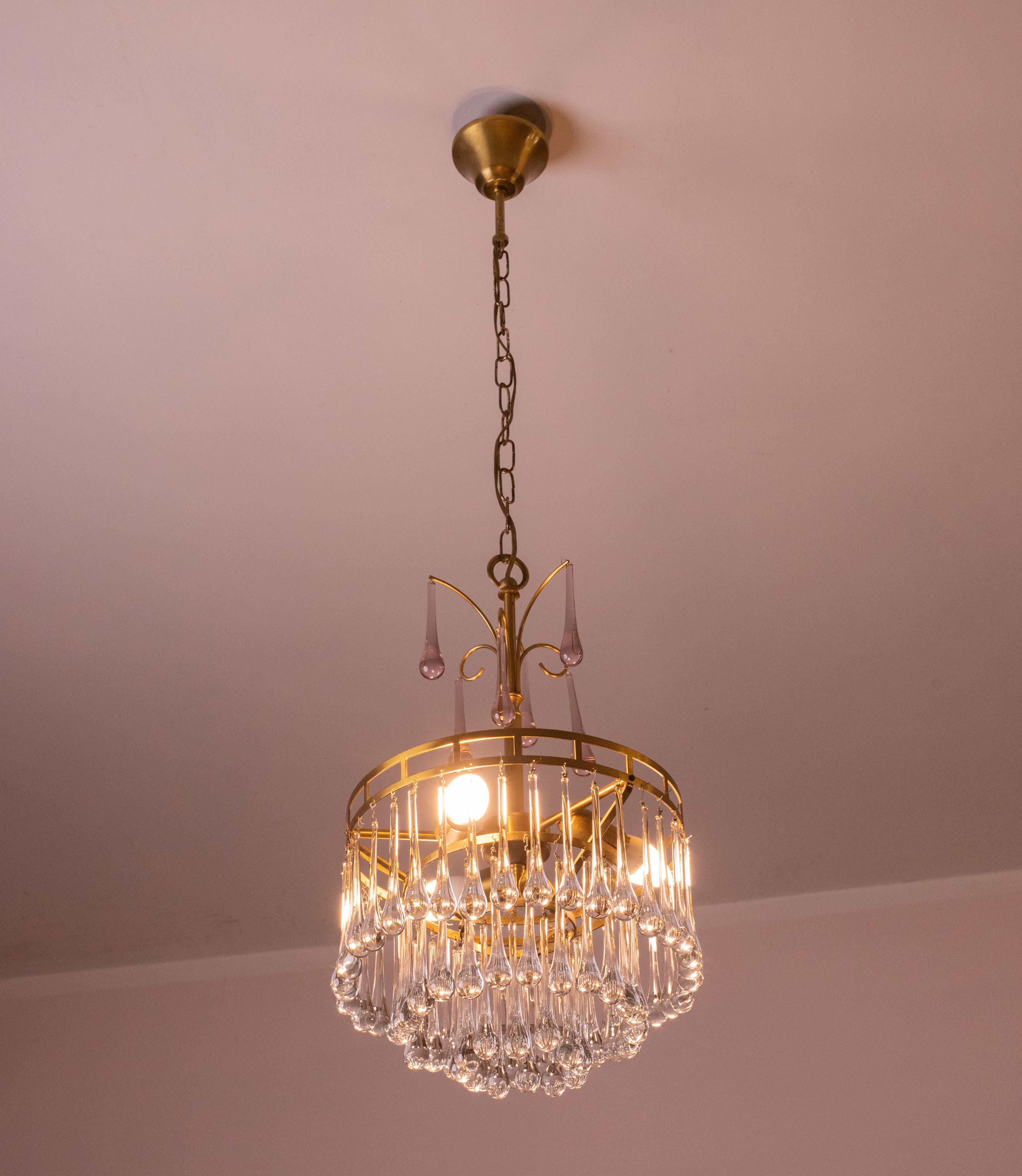 The White Crown, Murano Chandelier White and Purple Drops, 1960s For Sale 4