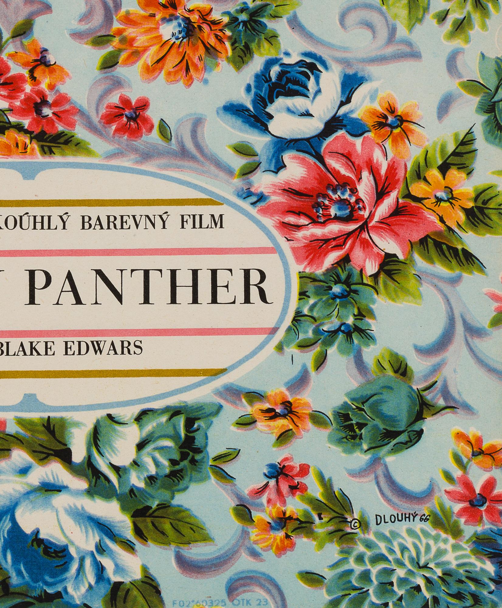 Äußerst originelles Design von Dlouhý für die alte tschechische Ausgabe von Peter Sellers' Filmklassiker The Pink Panther. Ein schönes, sehr seltenes Filmplakat.

Die tatsächliche Postergröße beträgt 11 1/4 x 16 Zoll. Aufgerollt in nahezu