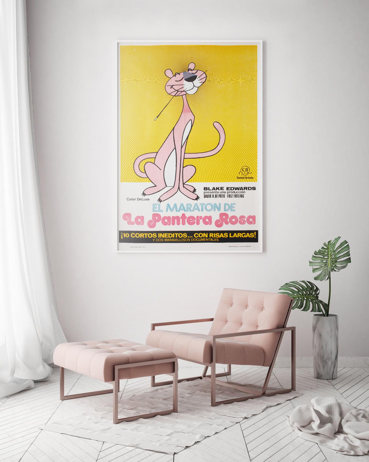 Fantastic original 1970s Spanish film poster for a Pink Panther Cinematic Marathon! Great artwork. Lovely colours and a beautifully illustrated poster.

This vintage film poster was originally folded (as issued). It has been professionally