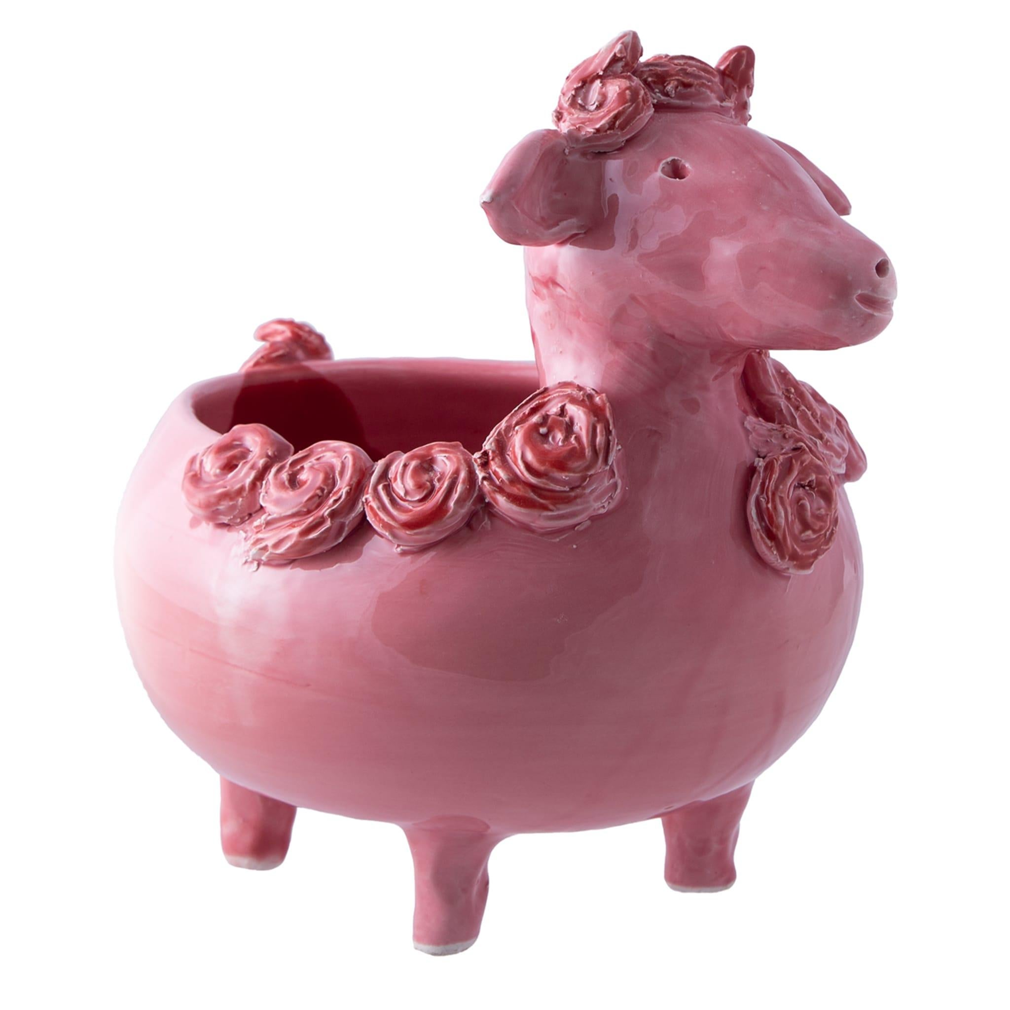 The pink sheep is always smiling and has a good character, it is handmade in white clay and reliefs with colored crystalline cooked on high fire. It can be used as a container in the kitchen, as a plant holder or flower holder.