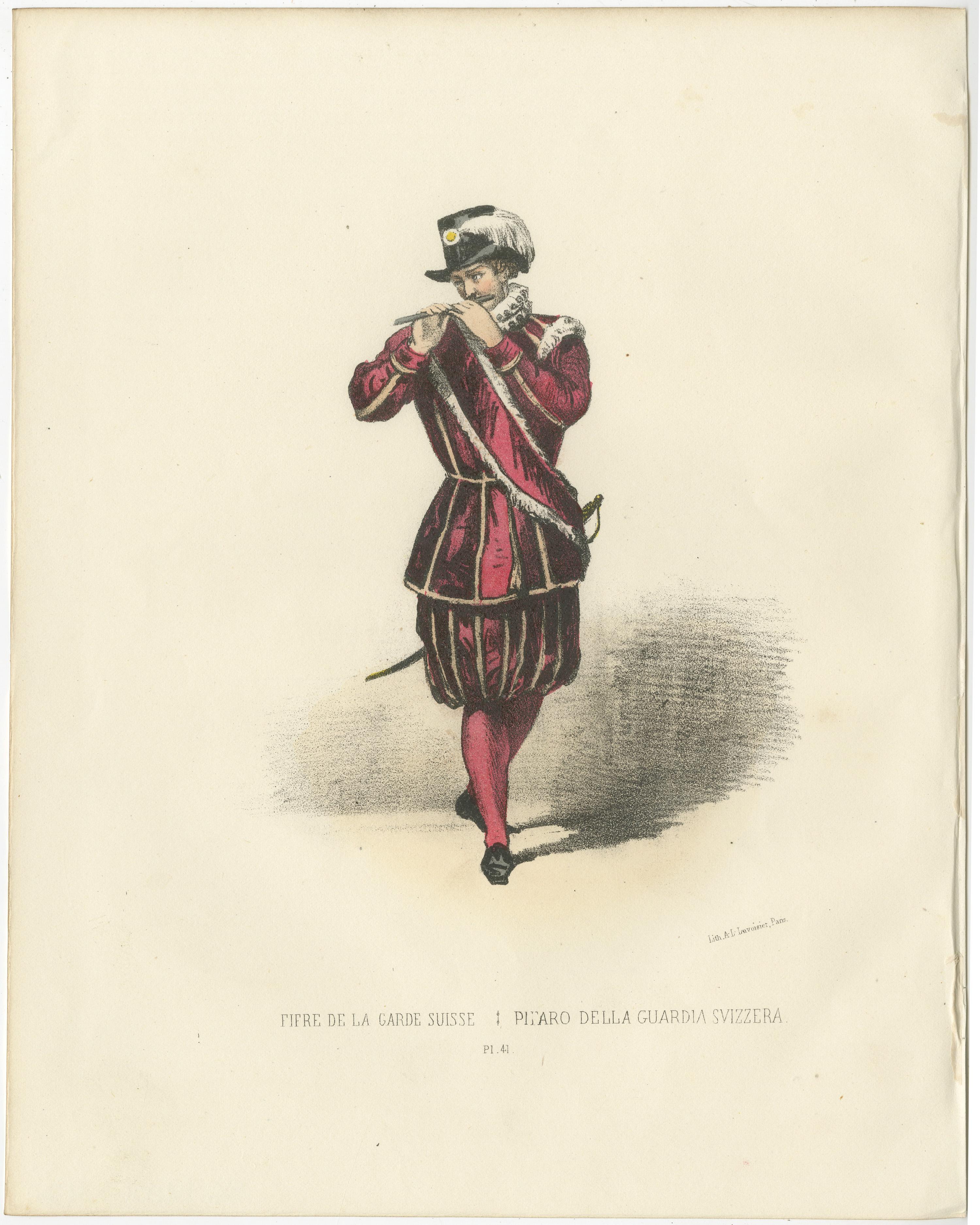 The Piper of the Swiss Guard: Handkolorierter Druck, Tafel 41, 1862  

Diese elegante handkolorierte Lithographie, Der Rattenfänger der Schweizergarde, ist Tafel 41 aus der zweiten Ausgabe von Album ou Collection Complète, et Historique des Costumes
